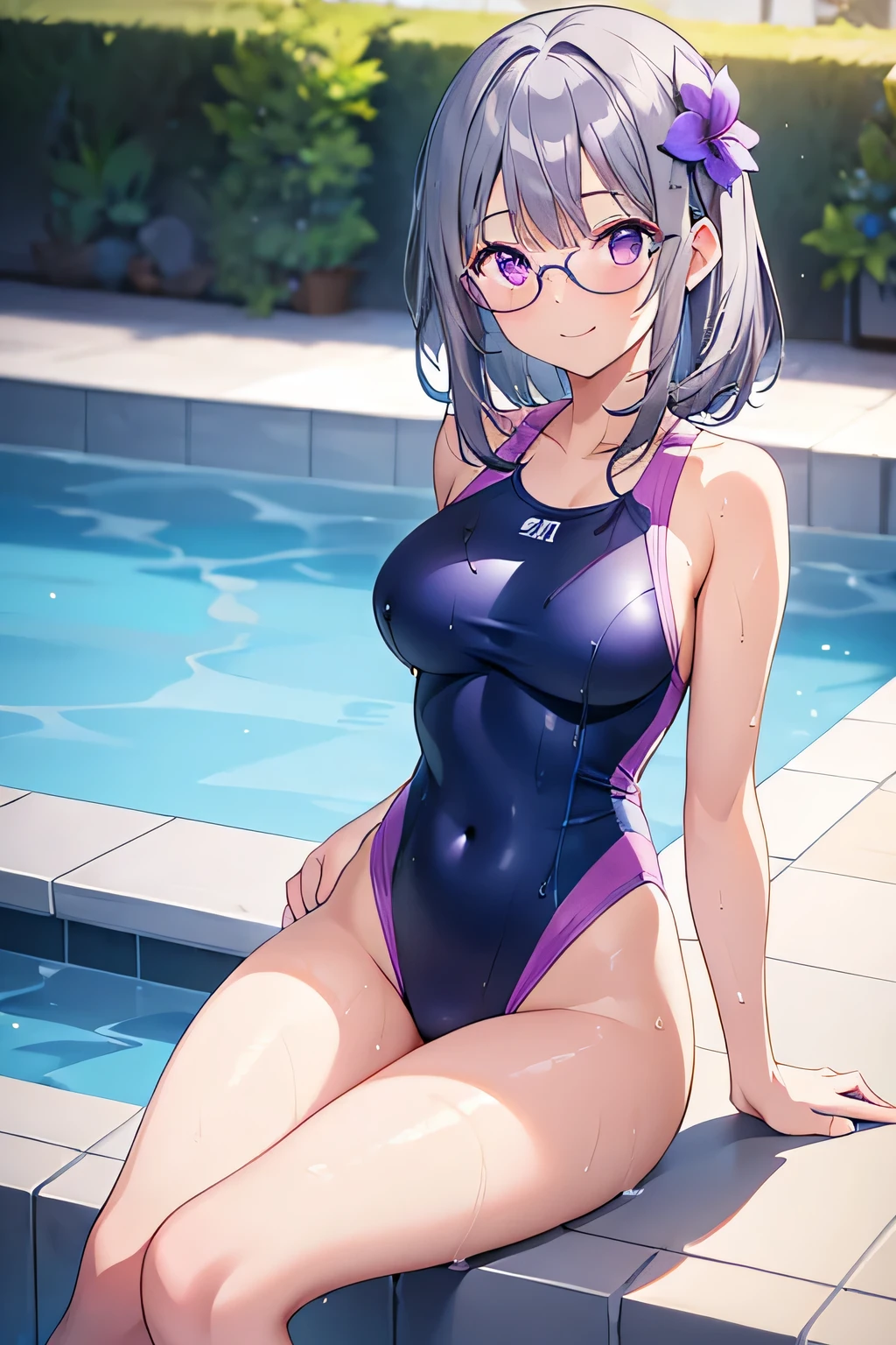 1girl, wearing tight blue swimsuit, medium hair tie, bangs, wearing round glasses, purple eyes, gray hair, flower hair ornaments, 8k resolutions, HD resolutions, pool area, sit pose, smile, wet