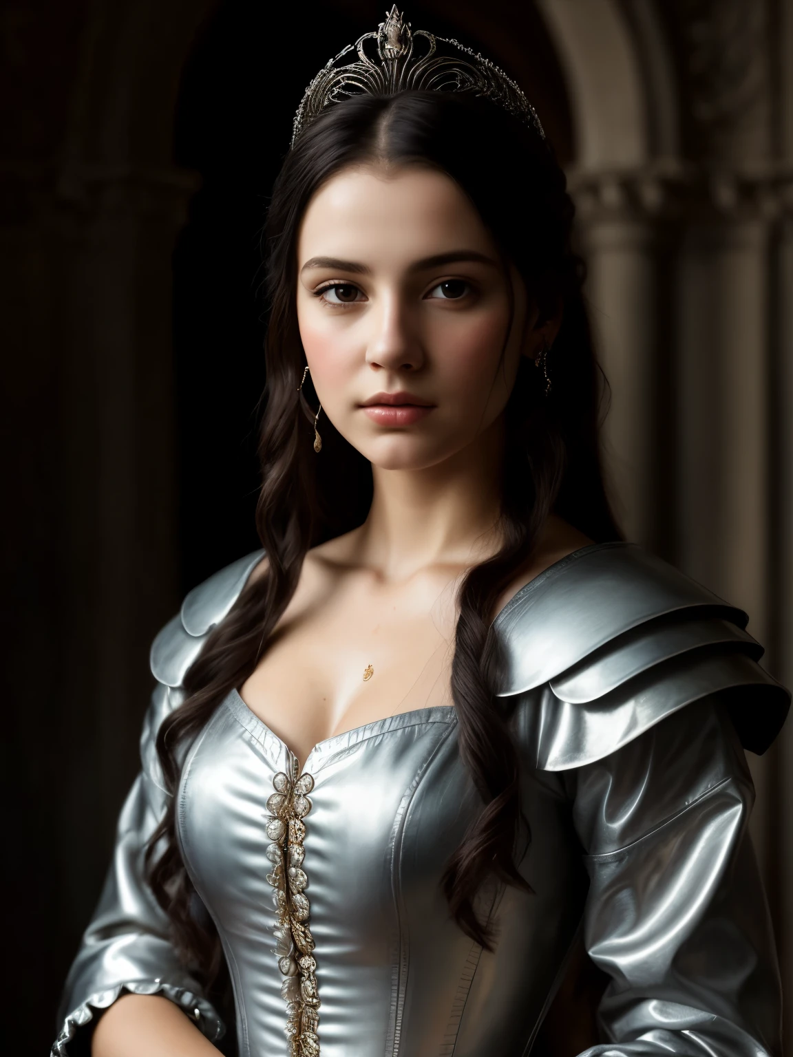 um close up de uma mulher usando uma coroa e um vestido preto, retrato de princesa, retrato de princesa, pintura de retrato de uma princesa, retrato de uma princesa, realistic retrato renascentista, obra de arte! Retrato de Arwen, retrato renascentista, pintura digital renascentista, princess Vulvine oil painting, fantasy genre portrait, retrato medieval, retrato de uma jovem imperatriz, renaissance oil portrait, portrait, girl, middle ages, classicism, andrey atroshenko style, painting, traditional media, realistic, figurative, fine art, oil on canvas, HDR, 8K, original character, high resolution, high detail, focus on the face, OMBREIRA DOURADA DE METAL, CHAIN MAIL, RAINHA, (Best quality, 4K, 8K, A high resolution, Masterpiece:1.2), Ultra-detailed, Realistic portrait, Detailed expression, Graceful posture, Dreamy atmosphere, expressive brush strokes, mystical ambiance, Artistic interpretation, Beautiful coiled hair,Delicate floral jewelry, Amazing little fresh style clothing, a whimsical illustration, Subtle colors and tones, mystical aura, The details have been upgraded, masterpiece, best quality, ((18yo)), ((female )), clear face, cute teenage girls, perfect anatomy, wet, realistic face, realistic, dynamic side lignhting, perfect lighting, dynamic pose, dynamic angle, (1girl), solo focus, small breast, ((lolita)), photoreal, hug, looking at viewer, ARMADURA DE METAL, COR DE PRATA, RAINHA JOVEM, ROUPA DE METAL, ARMADURA MEDIEVAL, portrait, girl, middle ages, classicism, andrey atroshenko style, painting, traditional media, realistic, figurative, fine art, oil on canvas, HDR, 8K, original character, high resolution, high detail, focus on the face, RAINHA GUERREIRA, ARMADURA DE METAL, RAINHA VESTINDO ARMADURA, RAINHA JOVEM
