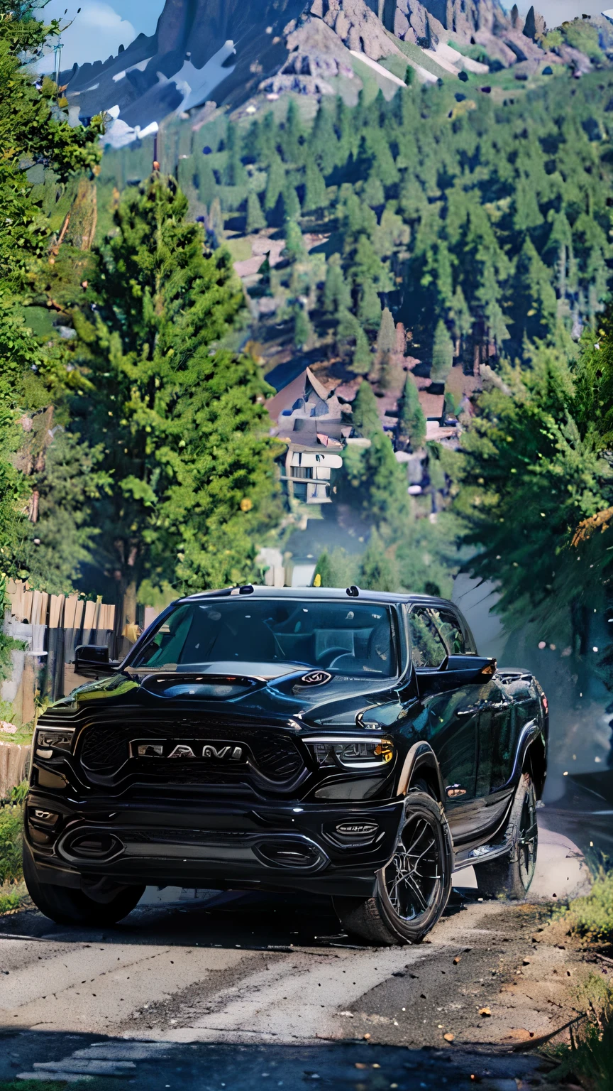Generate a hyper-realistic, detailed image featuring a black modified Ram pickup truck on a beautiful long wet road, during a rainy day with intermittent sunshine. Emphasize the beauty of the vehicle with its sleek, modified design. Ensure the scene is set during daytime, capturing the interplay of sunlight and raindrops. Opt for a close view, highlighting the intricate details of the modified elements, the black exterior, and the surrounding environment. Pay meticulous attention to the wet ground, adding small rocks and scattered leaves for enhanced realism. Prioritize vivid colors, dynamic lighting, and detailed realism to create an AI-generated image that beautifully showcases the modified Ram pickup truck in a captivating and immersive setting.