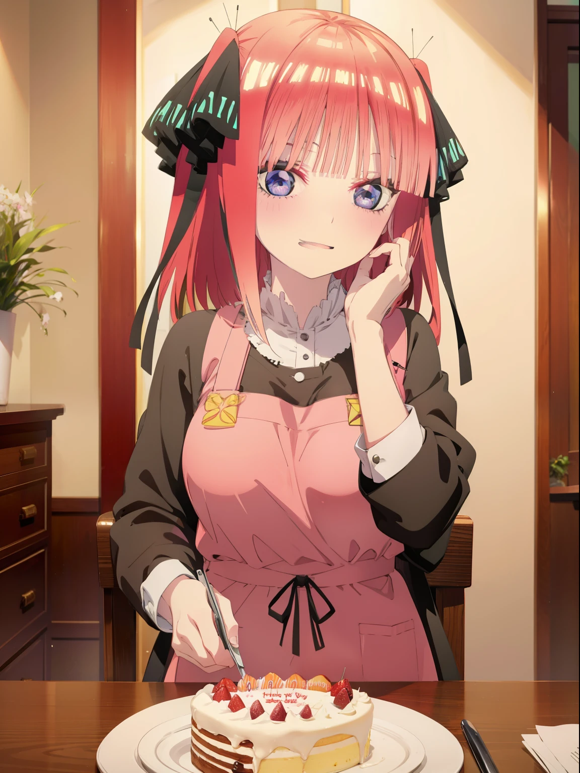 Nino Nakano、Good looking girl (big red eyes, blush, perfect face), independent , looking at camera, masterpiece, anime art style, cute characters, most detailed, high quality、Nico Nico Smile、birthday cake、happy birthday、wear an apron at home