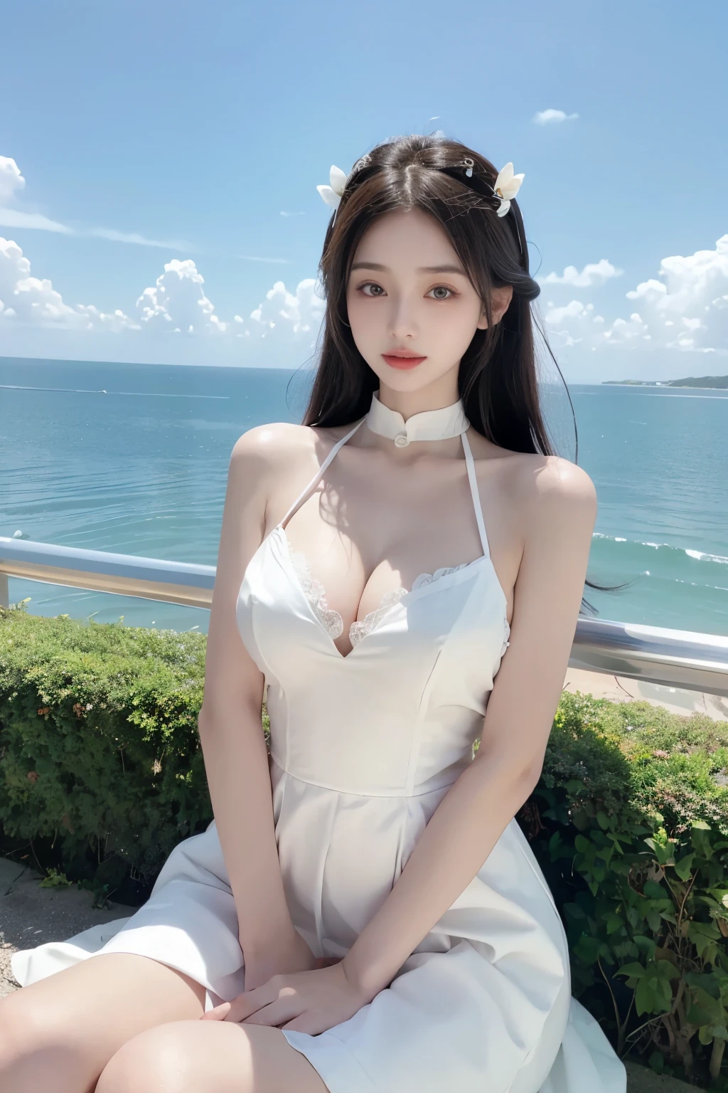a beautiful girl,prominent cleavage,maid outfit,collar,Blue sky and white clouds,Sunlight,sit by the sea