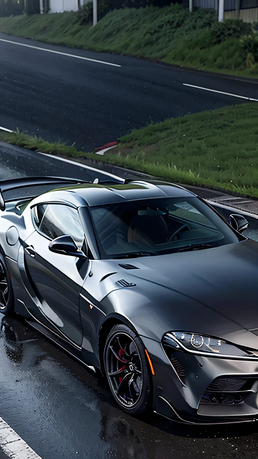 Generate a hyper-realistic, detailed image featuring a black modified Toyota Supra, a beautiful sports car, on a long wet road during a rainy day with intermittent sunshine. Highlight the sleek and modified design of the Supra, emphasizing its beauty. Set the scene during daytime, capturing the interplay of sunlight and raindrops. Opt for a close view, showcasing intricate details of the modified elements, the black exterior, and the surrounding environment. Pay meticulous attention to the wet ground, adding small rocks and scattered leaves for enhanced realism. Prioritize vivid colors, dynamic lighting, and detailed realism to create an AI-generated image that stunningly presents the modified Toyota Supra in a captivating and immersive rainy-day setting.