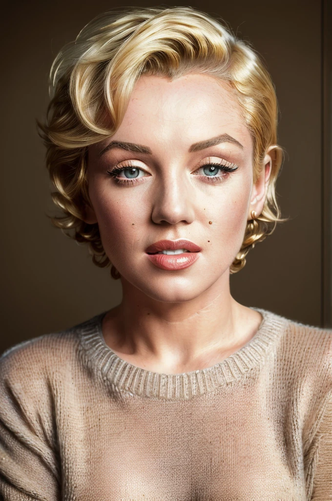 (masterpiece:1.3), (8k, photorealistic, RAW photo, best quality: 1.4), (Marilyn Monroe, beautiful face, (realistic face), (short hair:1.3), beautiful hairstyle, realistic eyes, beautiful detailed eyes, (realistic skin), beautiful skin, (sweater), absurdres, attractive, ultra high res, ultra realistic, highly detailed, golden ratio