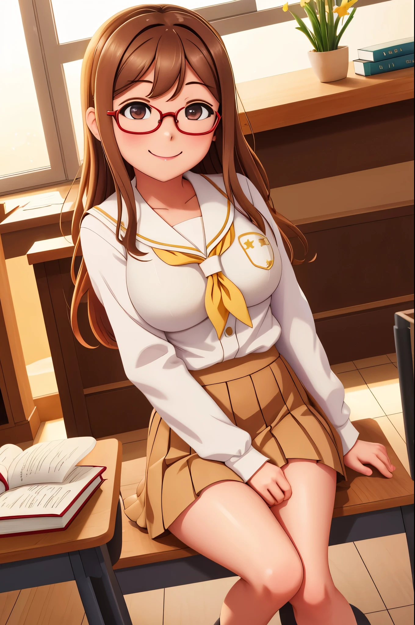 masterpiece, best quality,(kunikida hanamaru:0.999), (breasts:0.878),(brown hair:0.875), (looking at viewer:0.699), (big breasts:1.0), smile, bangs, white school uniform, sitting in class, crossed legs,books, black frame glasses