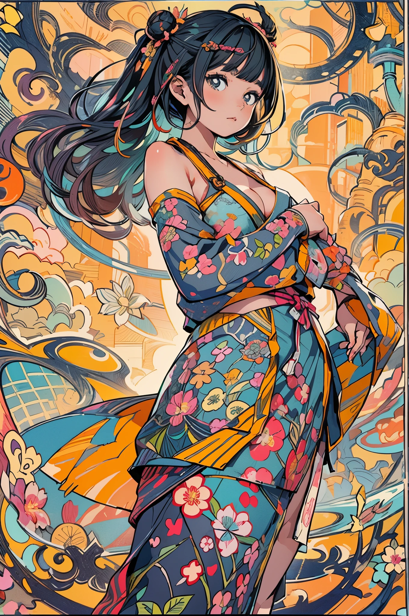 （Super detailed background，very highly detailed background)、Ridiculous and irrational、A high resolution、ultra-detailliert、Very detailed 1 girl，huge boob，Wearing a brightly colored Japanese kimono，Accompanied（Colorful）flower bouquet:1.3、(zentangle:1.2)、(geomerty:1.2)，Show charm and confidence，