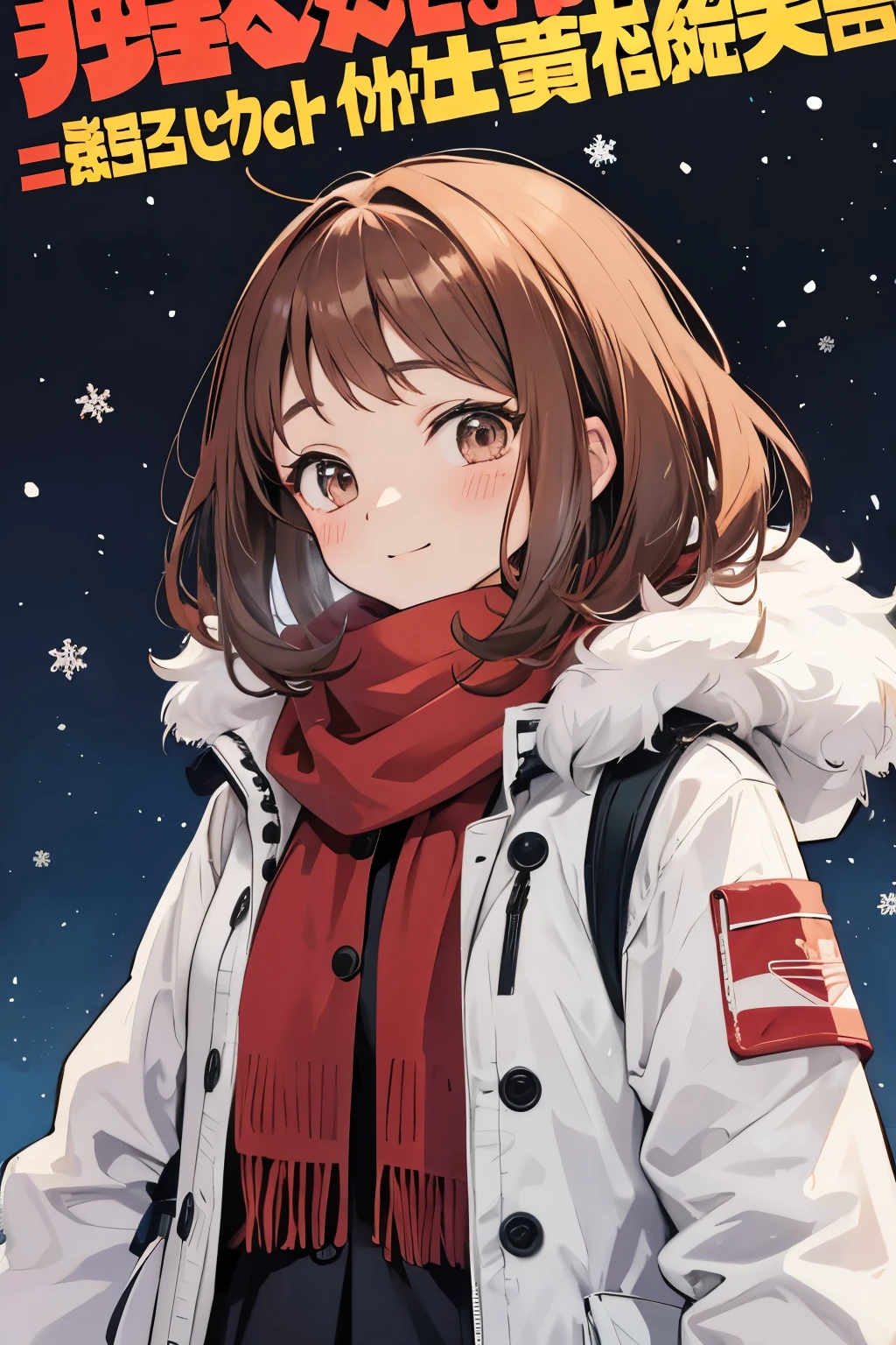 uraraka ochako, General, 1girl, blurry, blurry foreground, blush, blush stickers, brown eyes, brown hair, closed mouth, fur-trimmed jacket, fur trim, grey jacket, jacket, meme, open clothes, open jacket, pov cheek warming (meme), red scarf, scarf, smile, snow, snowing, solo, upper body, watermark