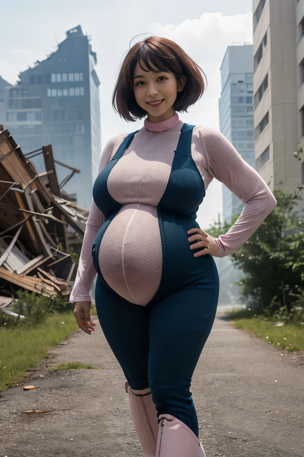 masterpiece, best quality, highres, hmochako, blush stickers, short hair, pixie cut, huge breasts, ((huge pregnant:1.3)), superhero, bodysuit, boots, ruins, building, fighting stance,  hand on hip, wide hips, thick thighs ((curvy)), latex suit, sexy, smile, sensual