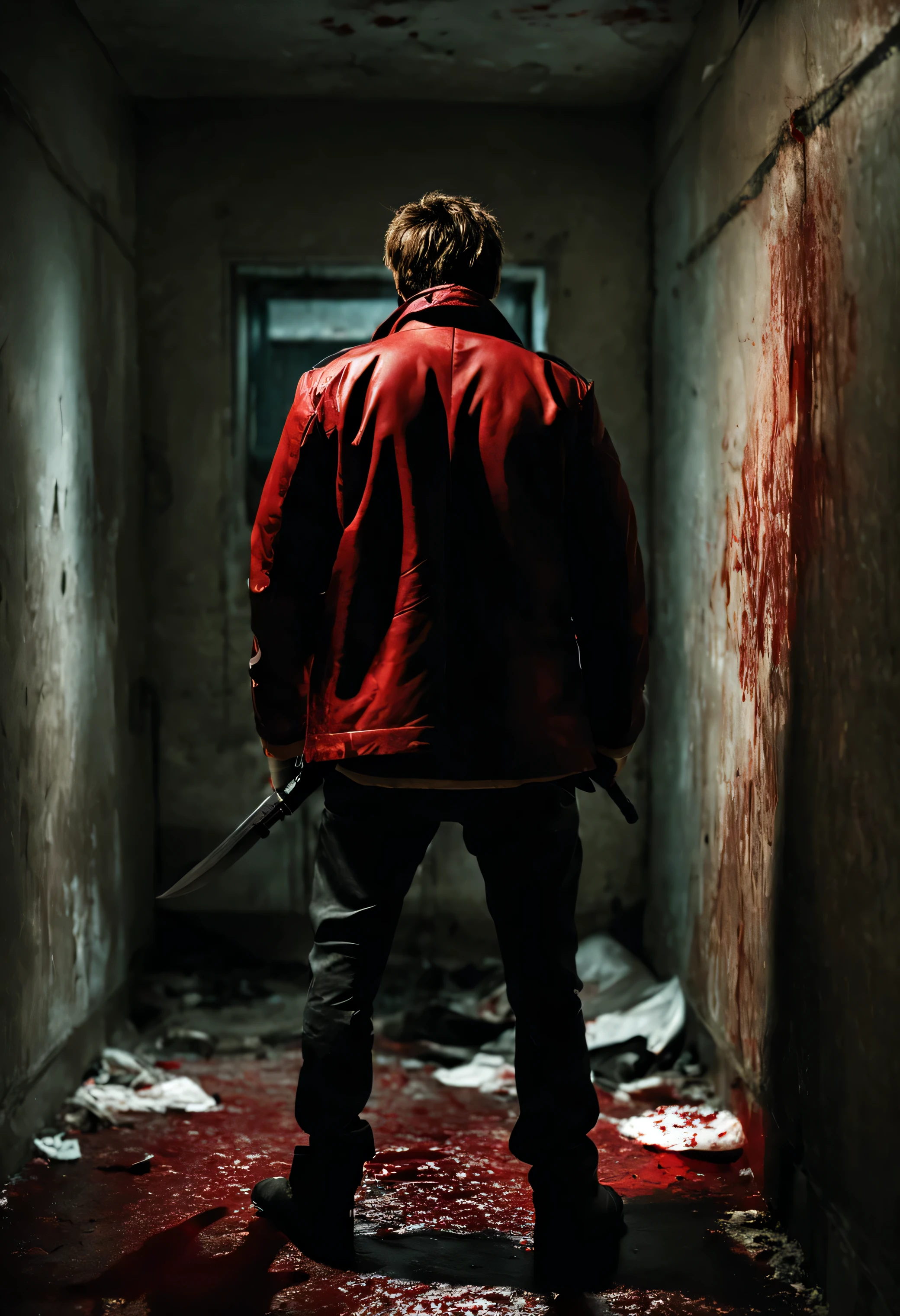 man from behind wearing jacket, hold knive weapon, dark abandoned room, blood on wall and floor, red, serial killer, grimmy