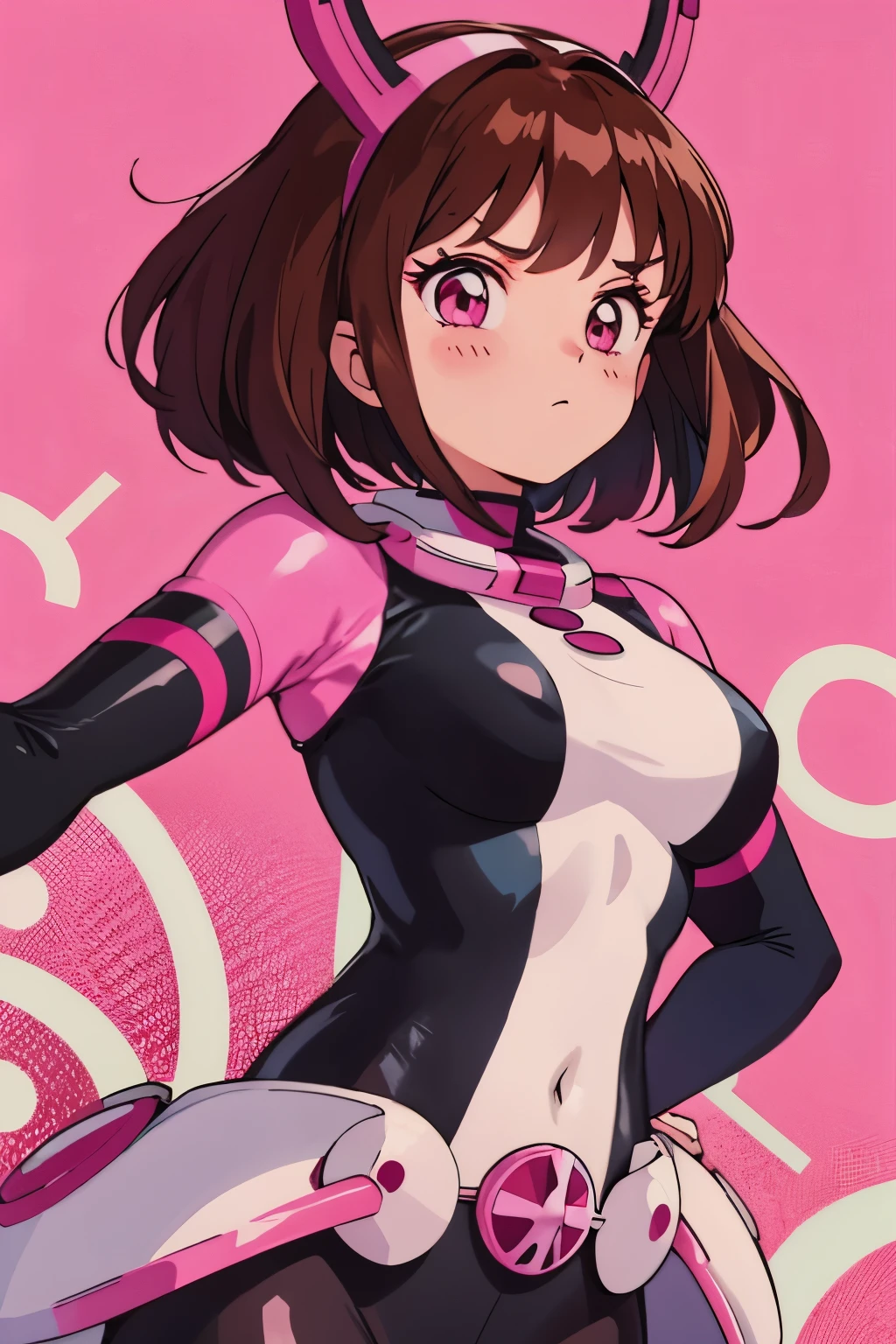 uraraka ochako, General, 1girl, black bodysuit, blush stickers, bodysuit, breasts, brown hair, closed mouth, covered navel, eyelashes, from below, headgear, large breasts, looking at viewer, pink background, pink eyes, short hair, solo, two-tone bodysuit, white bodysuit