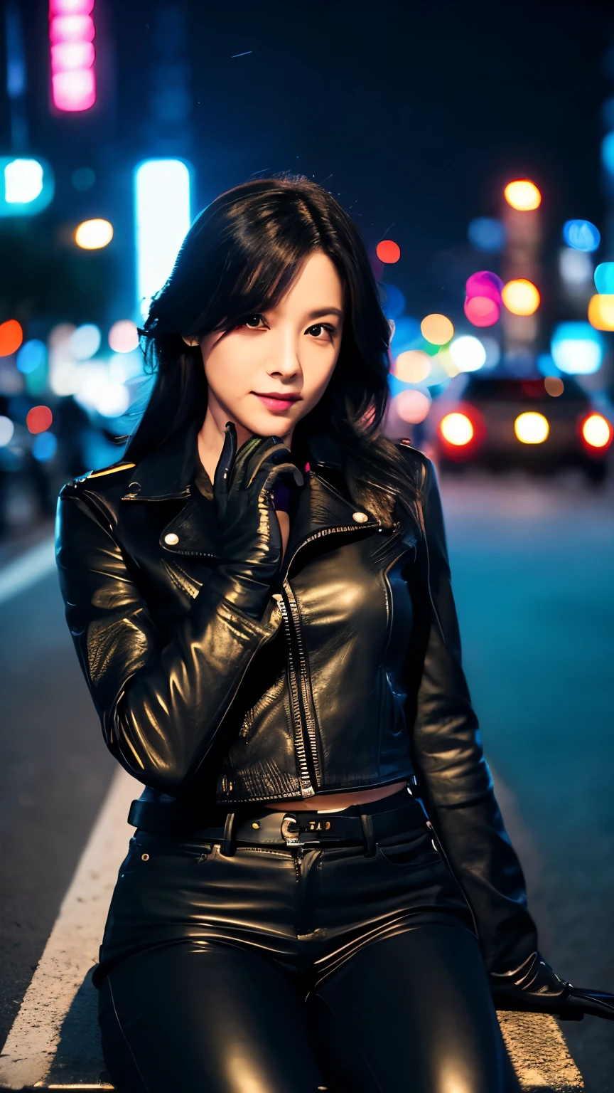 black leather rider jacket, office in the dark, Fingertips of black leather gloves on both hands,wearing black leather gloves,sitting in a black leather chair、 Japanese female new employee (black leather gloves cover both hands) (The angle is horizontal)、black leather leather pants,black leather black leather pants,black leather skinny pants、Long black leather boots on both feet、black hair ponytail ((He wears black leather gloves on his hands))Full body photo,full body shot full body full body leather suit,☺If you turn in this direction。wearing black leather gloves,wearing black leather gloves,wearing black leather gloves,wearing black leather gloves,wearing black leather gloves,wearing black leather gloves,黒のレザーパンツが美しい😍黒のレザーパンツが美しい😍黒のレザーパンツが美しい,😍I&#39;m smiling while looking at you,city lights、((neon cyberpunk city street:1.3))、(neon light)、detailed lighting