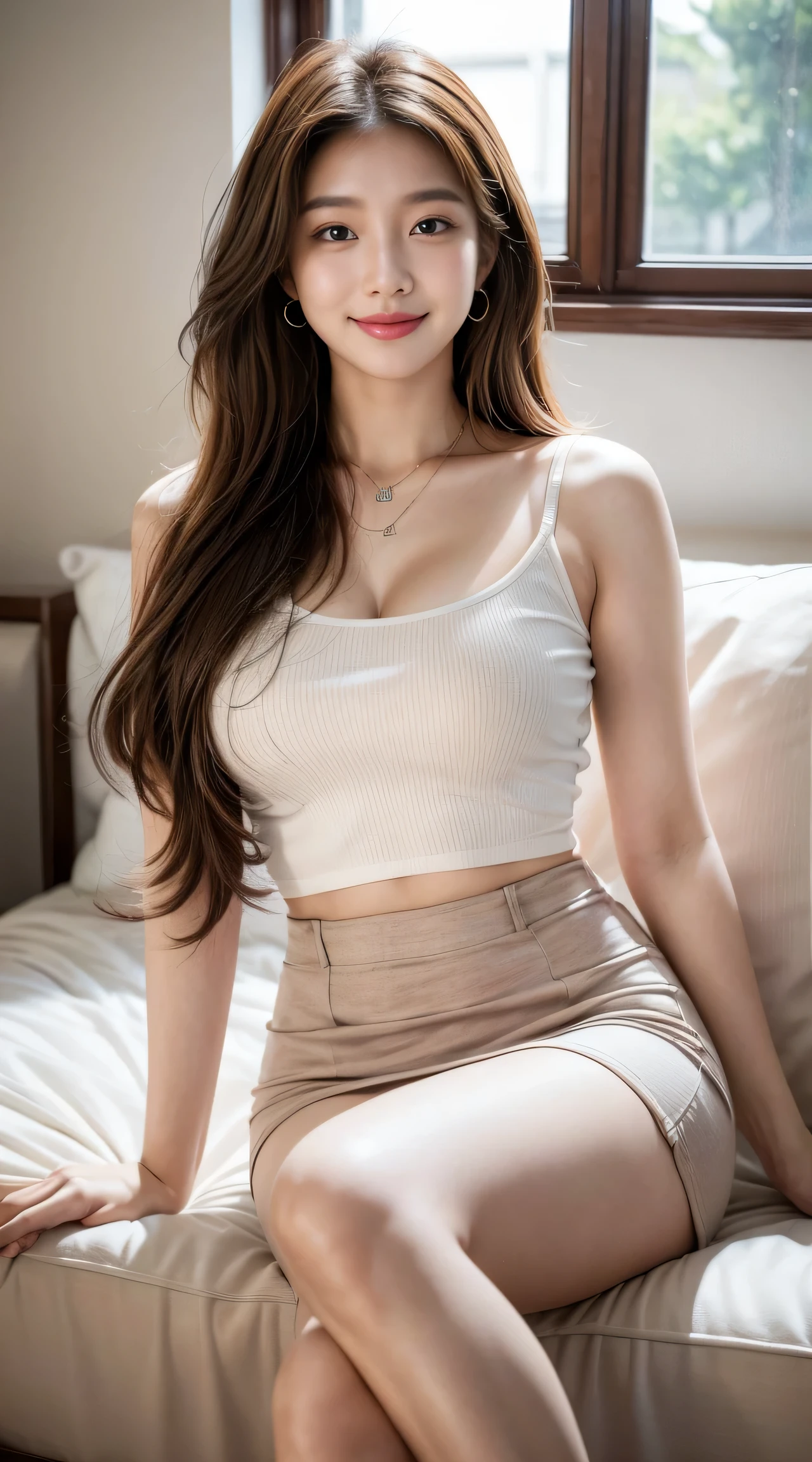 best quality,8k, Detailed facial depictions, Detailed eye description, Brown hair(long wavyhair),beautiful korean girl, 21 years old, Taking off your underwear, bare-breasted, slim body, medium chest size, standing legs crossed, Smiling face, Colorful earrings, necklace, 