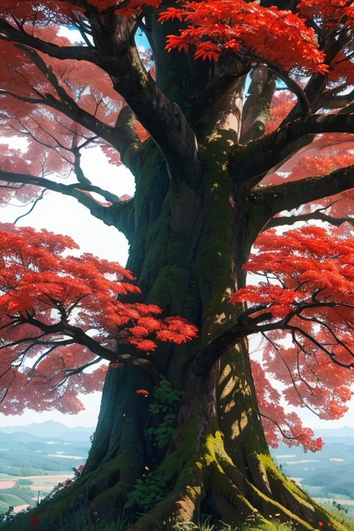 paisagem com arvore de flores vermelhas, uma  com cabelo preto, montanhas