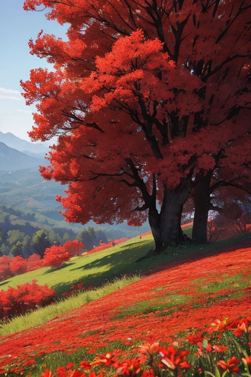 paisagem com arvore de flores vermelhas, uma  com cabelo preto, montanhas