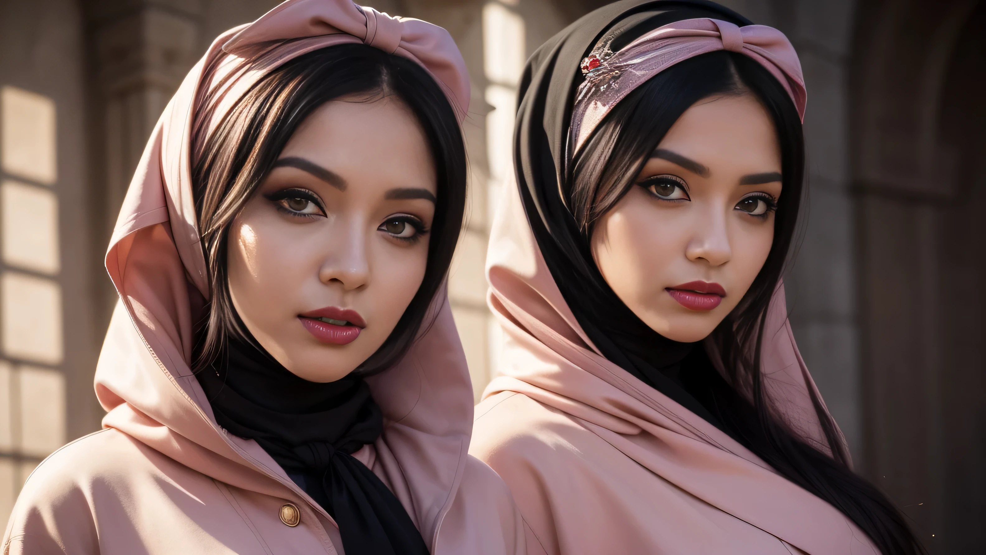 Portrait of a beautiful veiled western girl with long hair, the hair is out from under the scarf. Short white and tight skirt, beautiful orange and purple ((Coat, blouse, tight )), big and beautiful black eyes and very high quality and very realistic. Red lips and black pantyhose, secretary dress and bent down. Big breasts and torso flirting with the eyes, cinematic, illuminated, Arabic face makeup, beautiful jewelry
,western woman in semi-hijab, black hair, hair bobbles, wince, longeyelashes, fake animal ears, light smile, ear blush, fang, nurse cap, hairpin, ribbon, hair bow, hair ornament, rimless eyewear, black hairband, hair scrunchie, hair tie, pink hairband, one eye closed, makeup, open mouth, blush, red lips, light blush, forehead, full-face blush, worried, Surrealism, drop shadow, anaglyph, stereogram, tachi-e, pov, atmospheric perspective, 8k, super detail, ccurate, best quality, UHD, super detail, wallpaper