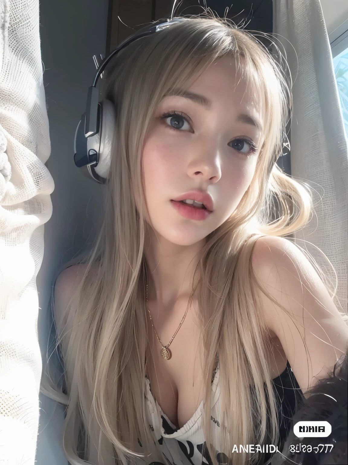 Un primer plano de una mujer con auriculares en la cabeza., Retrato de Sophie Mudd, Anna Nikolanova also known as Newmilky, nodded, con auriculares, 18 years, delfina bonita, Yelena Belova, Angelina Stroganova, brunette with dyed blonde hair, 🤤 retrato de , 2 4 year old female model, julia gorokhova, Plantilla de Instagram