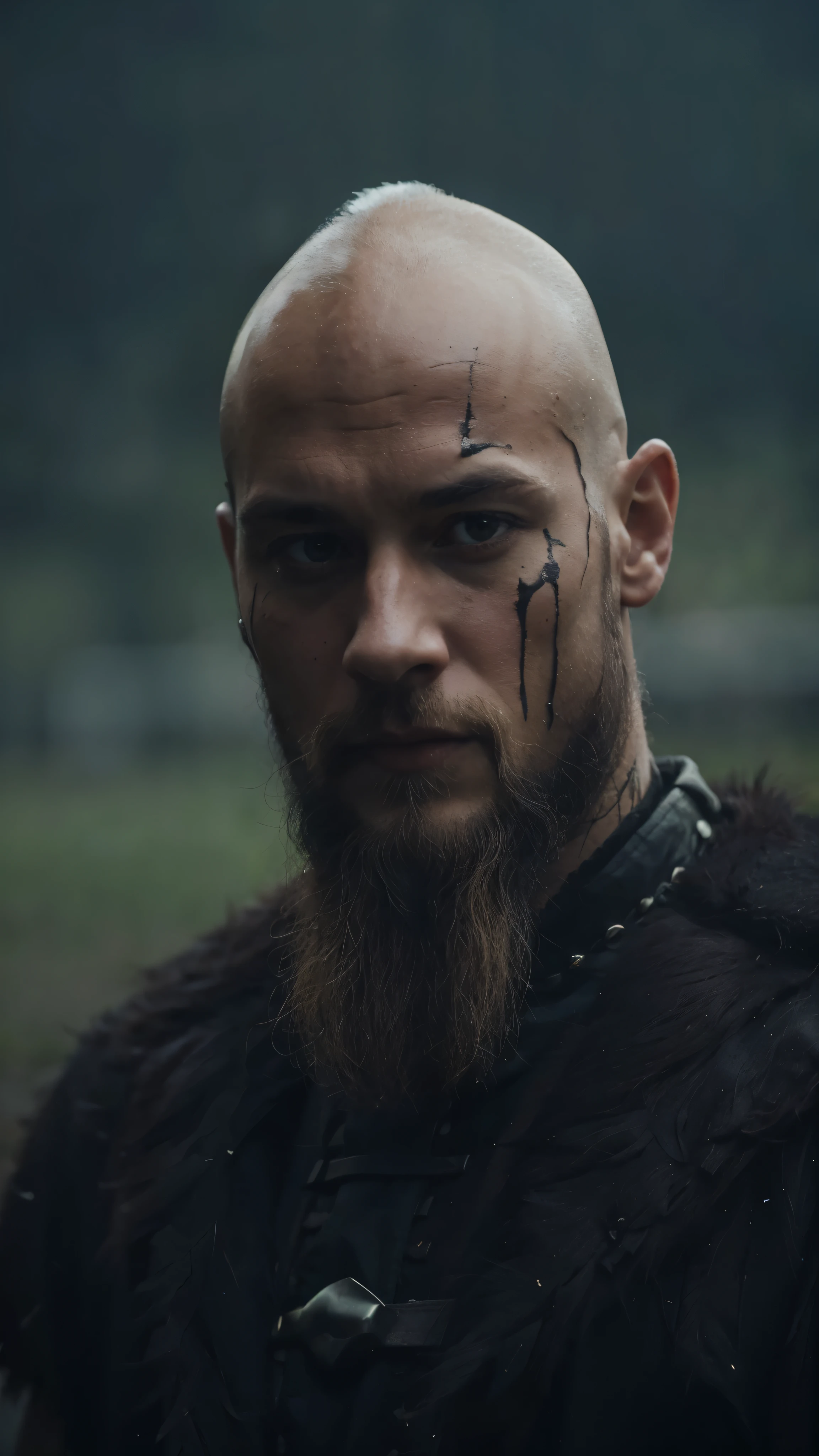 um close de um Ragnar lothbrook, Com barba, uma mulher berserker muito bonita, linhas carecas, subestimado, amargo, olhos expressivos. simetria, penas pretas, The ground is dark and cracked, pintura de guerra, idade 3 0, atuando, ninhada, polar, estilo de vogelsang, escandinavo, iconic character, three kingdoms, nacionalista, Quinn, carne com veias