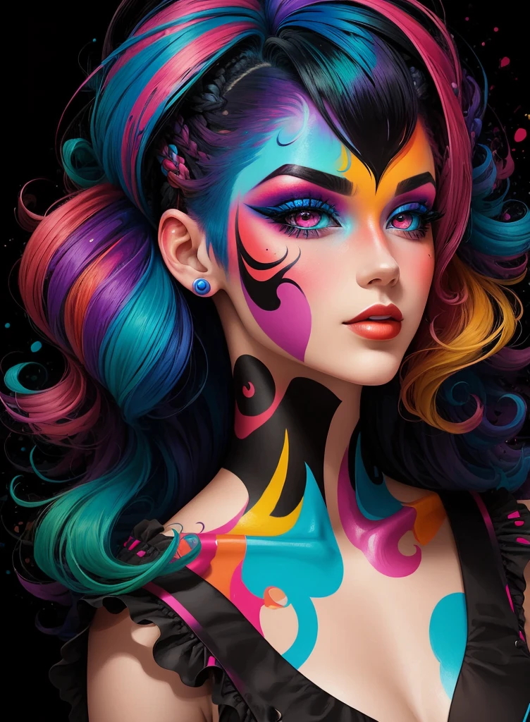 a woman with colorful hair and makeup, an airbrush painting by Grillo Demo, behance, neo-fauvism, vivid colors, colorful, vibrant colors 4k
