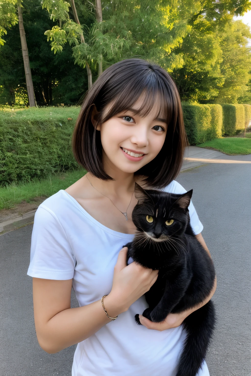 masterpiece、4k、highest quality、Beautiful Japanese woman holding a small black cat、detailed description、1 girl、23 years old、(yellow camisole:1.1)、bob cut、summer、rural area、Depth of written boundary、Angle from above、smile、Biei town hill landscape background、holding a cute black kitten。
