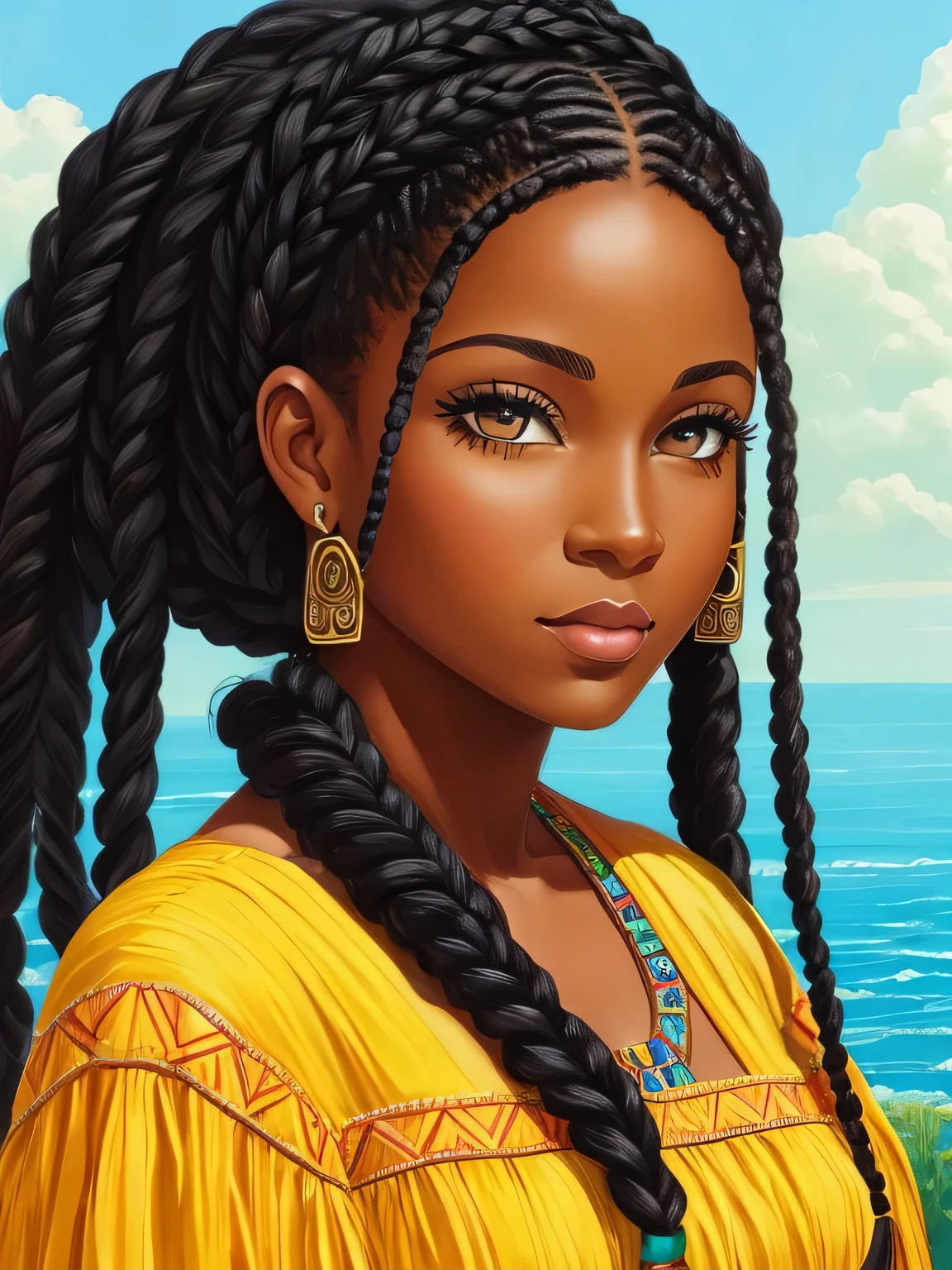 a painting by mse beautiful black woman with amazing braids --ar 105:148 --v 5