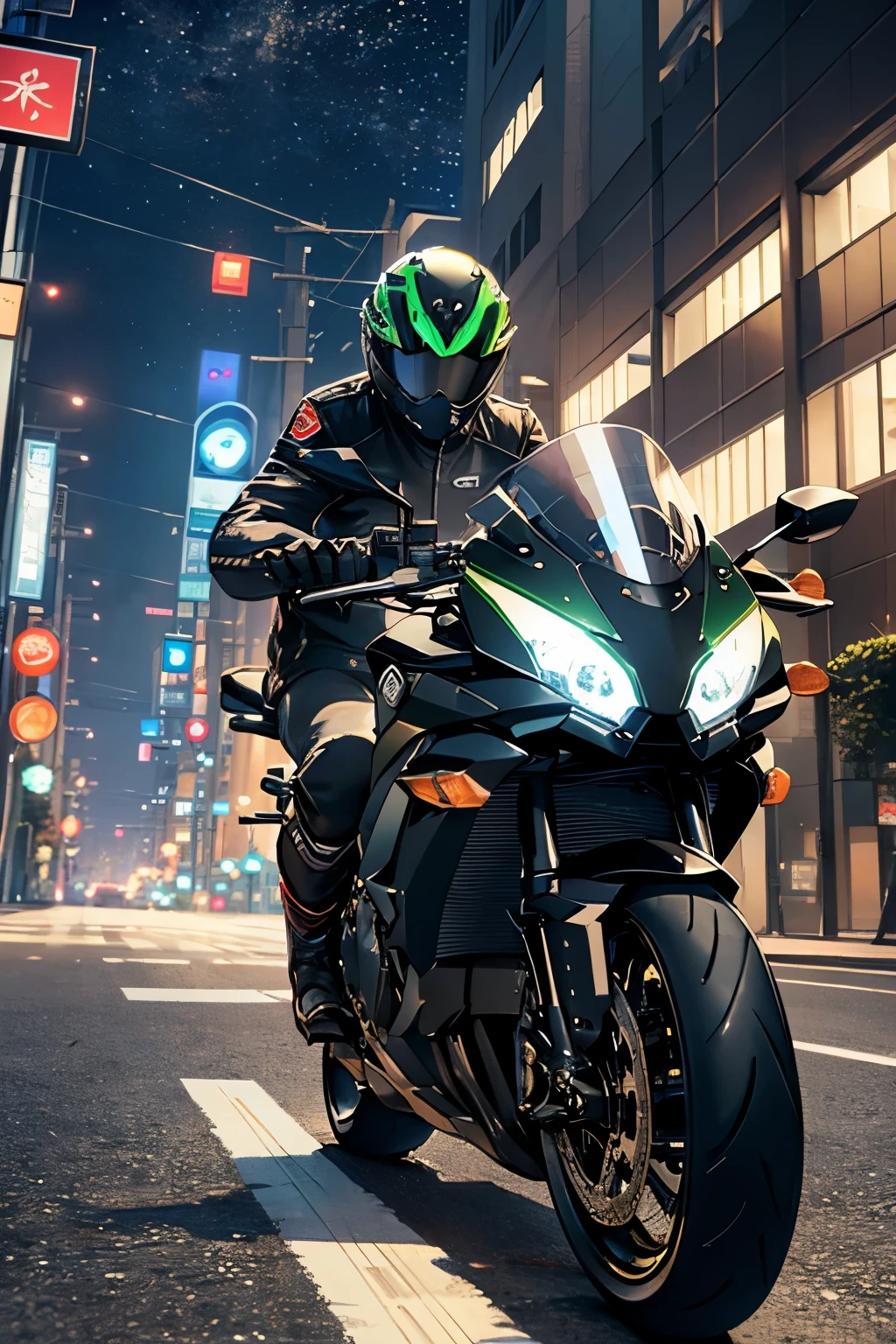 masterpiece,Highly detailed CG Unity,wallpaper,motorcycle,z1000,kawasaki,Cityscape at night,super cool,running,from diagonally in front,cool,cool男性,leather jacket,sprint and run、LED light,simpson helmet,Carbon Body