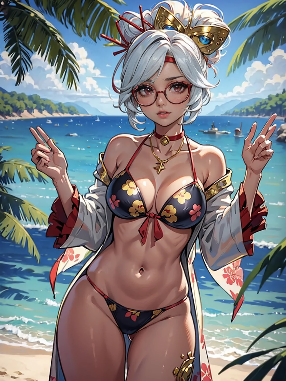 ((Shy, kawai, standing, ((muque pose)), cute, Masterpiece, Best Quality, Purah, White Hair, Red Eyes, Red Headband, Hair Ornament, Hair Sticks, Red Glasses)), ((pink lipstick, Extremely detailed, ambient soft lighting, 4k, perfect eyes, a perfect face, perfect lighting, a 1girl)) , (extremely detailed beautiful face), ((1girls, solo, highly detailed, sexy floral printed bikini, translucent printed robes, playing on a beautiful beach, ((stylish dark shades)), smug, looking at the viewer, fancy jewelry, makeup, light and shadows, day time , silver sand beach, blue sky, puffy clouds, gold necklace, choker,))
