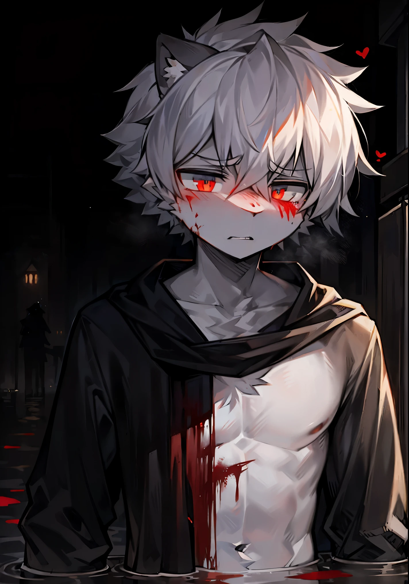 The determined eyes were silver gray and cruel.，There is fog in the left eye.，White-gray bangs covering half of your eyes.，The whole body is light gray.，Wearing a light gray coat，He holds a silver-gray-black to black sword.，The body will be slightly thinner. Looks sad Naked with blood, black clothes, blood, blood, like a flood of blood.