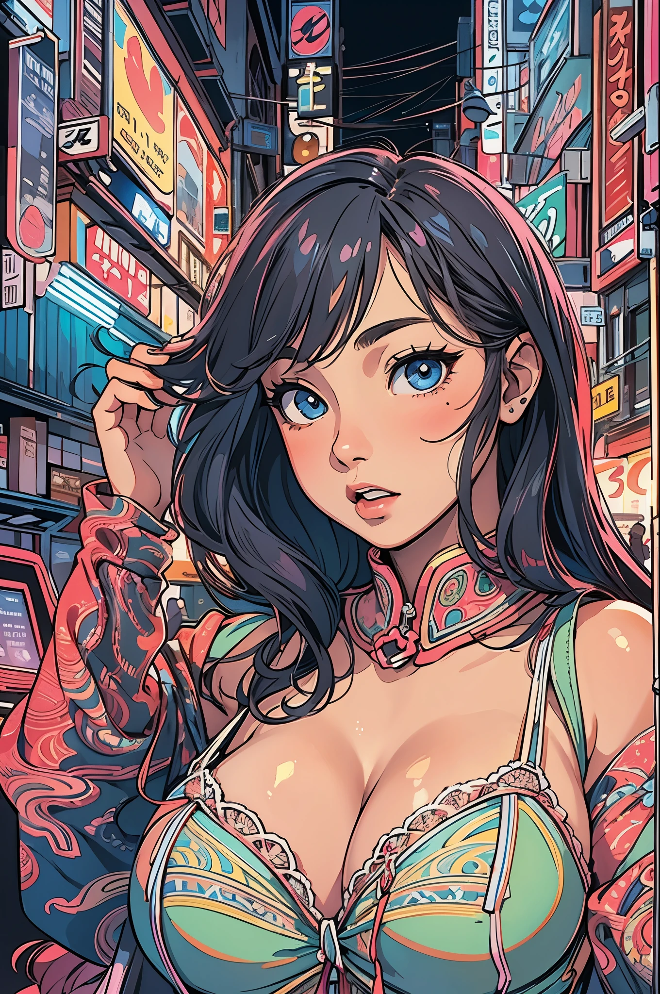 city pop, night, neon light, looking at something else, Upper body, vector illustration, masterpiece, highest quality, super detailed, High resolution, High resolution, very detailed, super dense skin, detailed beautiful eyes, (detailed beautiful face), very detailed background, 10 Japanese girls, 18-year-old, (open your mouth:1.2), whole body, plump body, huge breasts, thin waist, big hips, (She is wearing a loincloth and bra over her naked body.:1.2)
