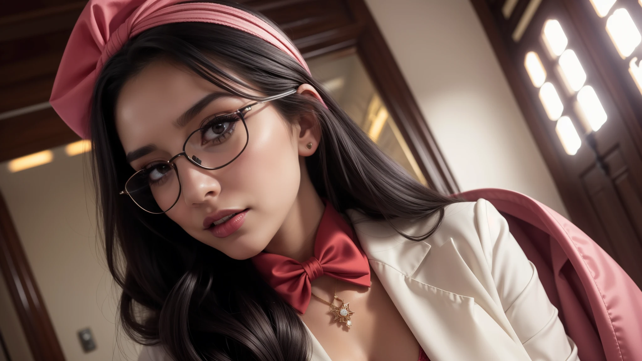 Portrait of a beautiful veiled western girl with long hair, the hair is out from under the scarf. Short white and tight skirt, beautiful orange and purple ((Coat, blouse, tight )), big and beautiful black eyes and very high quality and very realistic. Red lips and black pantyhose, secretary dress and bent down. Big breasts and torso flirting with the eyes, cinematic, illuminated, Arabic face makeup, beautiful jewelry
,western woman in semi-hijab, black hair, hair bobbles, wince, longeyelashes, fake animal ears, light smile, ear blush, fang, nurse cap, hairpin, ribbon, hair bow, hair ornament, rimless eyewear, black hairband, hair scrunchie, hair tie, pink hairband, one eye closed, makeup, open mouth, blush, red lips, light blush, forehead, full-face blush, worried, Surrealism, drop shadow, anaglyph, stereogram, tachi-e, pov, atmospheric perspective, 8k, super detail, ccurate, best quality, UHD, super detail, wallpaper