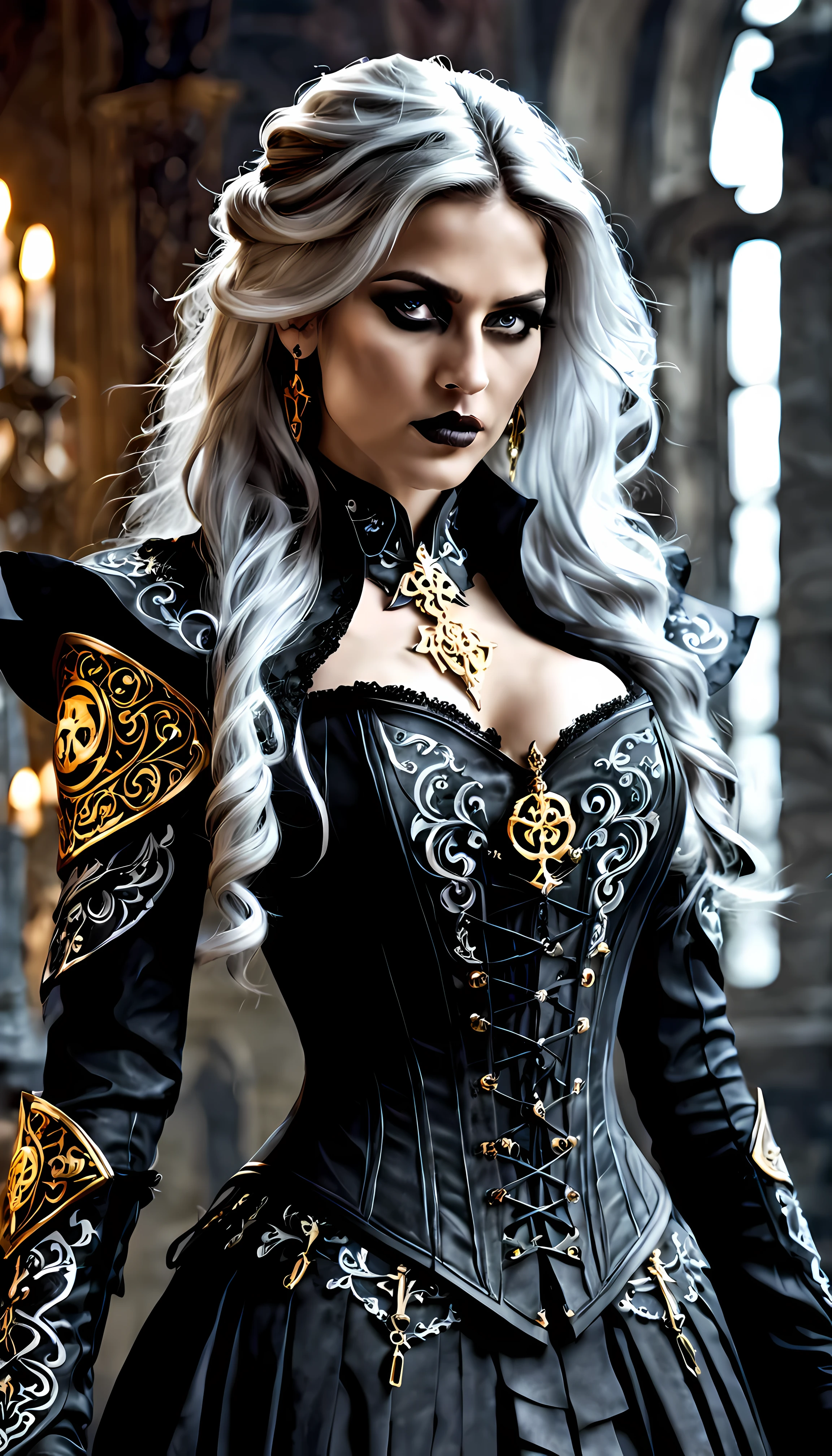 Front view of menacing Lysandra, an alluring necromancer with with flowing hair and vivid eyes, her attire consists of a fitted high-collared corset with intricate lace-up details, flowing skirt with mystical symbols, fingerless gloves, pendant, mysterious aura of dark elegance, golden ration, sharp focus, dynamic, cinematic, magical, masterpiece in maximum 16K resolution, superb quality. | ((More_Detail))