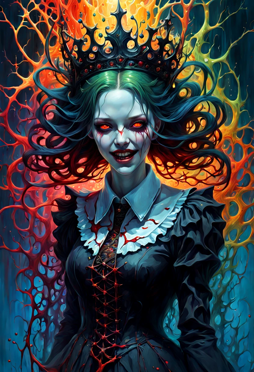 a Girl, laughing, Colorful colors, surrounded by water bubbles, in the style of Kawacy, Masterpiece, Oil painting drawn in anime style, head close - up, exaggerated perspective, Tyndall effect, water drops, mother - of - pearl iridescence, Holographic white, chess queen outfit, anime girl, girl with a pretty face, white gold hair, green eyes, goth girl, ((sexy school uniform)), wearing a stylish very sexy school uniform, with a funny expression on her face, Hellwalker, incombing death, black bloody veins growing and intertwining out of the darkness, oozing thick yellow blood, veins growing and pumping blood, (chubby female body:0.8), vascular networks growing, connecting, explanding, red veins everywhere, zdzislaw beksinski, (sharp colors:1.3), (rainbow skin:1.1), (Infrared:1.2), ultra detailed, intricate, ((dry brush, ultra sharp)), (surrealism:1.4), (disturbing:1.5), beksinski style painting, satanic symbols, (full torso), full body in frame, centered body, kawaii, realistic, ((intricate details)), (pale gothic evil queen), ibrant, action-packed, detailed character design, reminiscent of fighting video games, black bloody veins growing and intertwining out of the darkness, oozing thick neon rainbow blood, veins growing and pumping blood, vascular networks growing, connecting, explanding, red veins everywhere, zdzislaw beksinski, (vibrant colors:1.1), dynamic pose, perfect face, (realistic eyes), perfect eyes, ((dark gothic background)), sharp focus