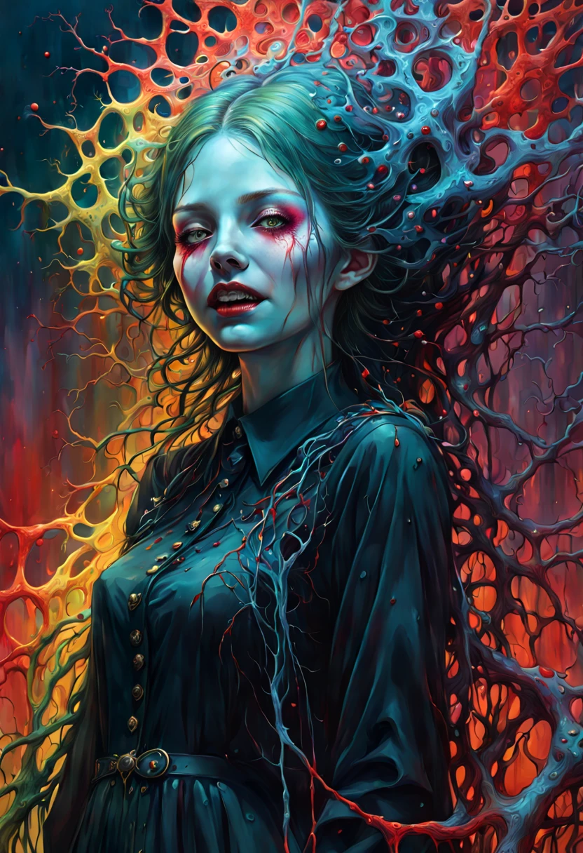 a Girl, laughing, Colorful colors, surrounded by water bubbles, in the style of Kawacy, Masterpiece, Oil painting drawn in anime style, head close - up, exaggerated perspective, Tyndall effect, water drops, mother - of - pearl iridescence, Holographic white, chess queen outfit, anime girl, girl with a pretty face, white gold hair, green eyes, goth girl, ((sexy school uniform)), wearing a stylish very sexy school uniform, with a funny expression on her face, Hellwalker, incombing death, black bloody veins growing and intertwining out of the darkness, oozing thick yellow blood, veins growing and pumping blood, (chubby female body:0.8), vascular networks growing, connecting, explanding, red veins everywhere, zdzislaw beksinski, (sharp colors:1.3), (rainbow skin:1.1), (Infrared:1.2), ultra detailed, intricate, ((dry brush, ultra sharp)), (surrealism:1.4), (disturbing:1.5), beksinski style painting, satanic symbols, (full torso), full body in frame, centered body, kawaii, realistic, ((intricate details)), (pale gothic evil queen), ibrant, action-packed, detailed character design, reminiscent of fighting video games, black bloody veins growing and intertwining out of the darkness, oozing thick neon rainbow blood, veins growing and pumping blood, vascular networks growing, connecting, explanding, red veins everywhere, zdzislaw beksinski, (vibrant colors:1.1), dynamic pose, perfect face, (realistic eyes), perfect eyes, ((dark gothic background)), sharp focus