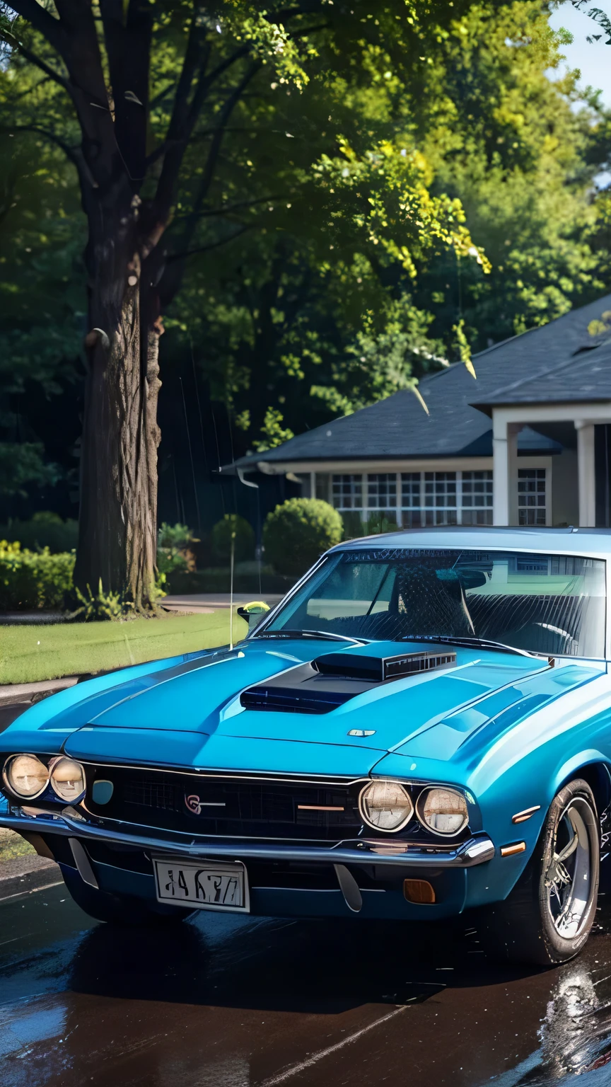 Generate a hyper-realistic, detailed front view of a classic muscle car with a supercharger, modified for peak performance. Place the car on a beautiful, long, wet road during a rainy day with intermittent sunshine. Emphasize the vibrant colors of the surroundings, showcasing the reflections on the wet surface. Ensure the scene is set during daytime, allowing for the play of sunlight and raindrops. Opt for a close front view, highlighting the intricate details of the modified elements, the car's front facade, and the surrounding environment. Pay meticulous attention to the ground, adding small rocks and scattered leaves to enhance the realism of the scene. Prioritize vivid colors, dynamic lighting, and detailed realism to create a visually stunning and immersive AI-generated image.