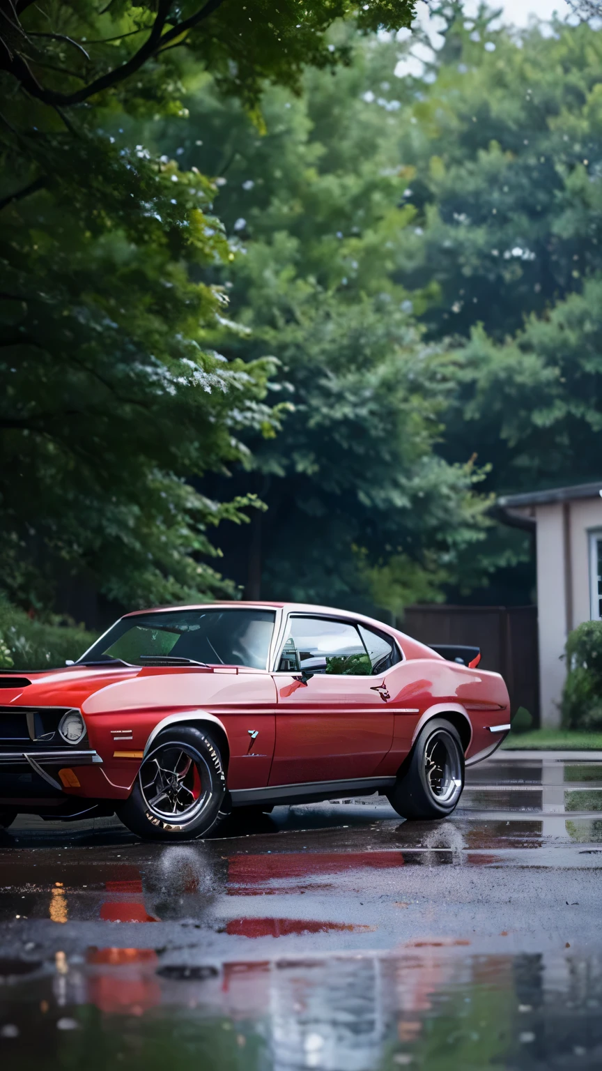 Generate a hyper-realistic, detailed front view of a classic muscle car with a supercharger, modified for peak performance. Place the car on a beautiful, long, wet road during a rainy day with intermittent sunshine. Emphasize the vibrant colors of the surroundings, showcasing the reflections on the wet surface. Ensure the scene is set during daytime, allowing for the play of sunlight and raindrops. Opt for a close front view, highlighting the intricate details of the modified elements, the car's front facade, and the surrounding environment. Pay meticulous attention to the ground, adding small rocks and scattered leaves to enhance the realism of the scene. Prioritize vivid colors, dynamic lighting, and detailed realism to create a visually stunning and immersive AI-generated image.
