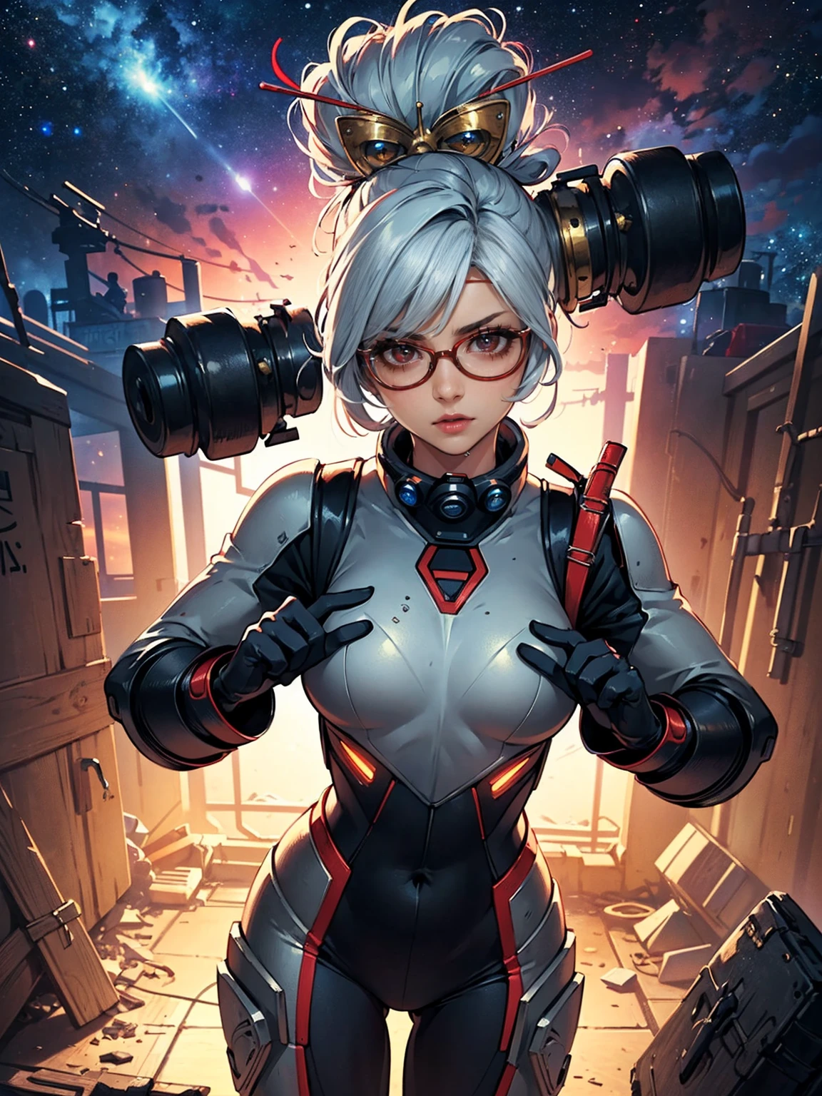 ((Shy, kawai, cute, Masterpiece, Best Quality, Purah, White Hair, Red Eyes, Red Headband, Hair Ornament, Hair Sticks, Red Glasses)), ((pink lipstick, Extremely detailed, ambient soft lighting, 4k, perfect eyes, a perfect face, perfect lighting, a 1girl)) , ((((Space Detective, woman, (female exoskeleton), (red and black combat suit, fighting pose), wasteland, action scene, action pose, masterpiece, rich colors, Backlight, beautiful expression, fantasy art, character art, metallic red and silver combat suit)), wet body, ((fitness)), standing, Beautiful))