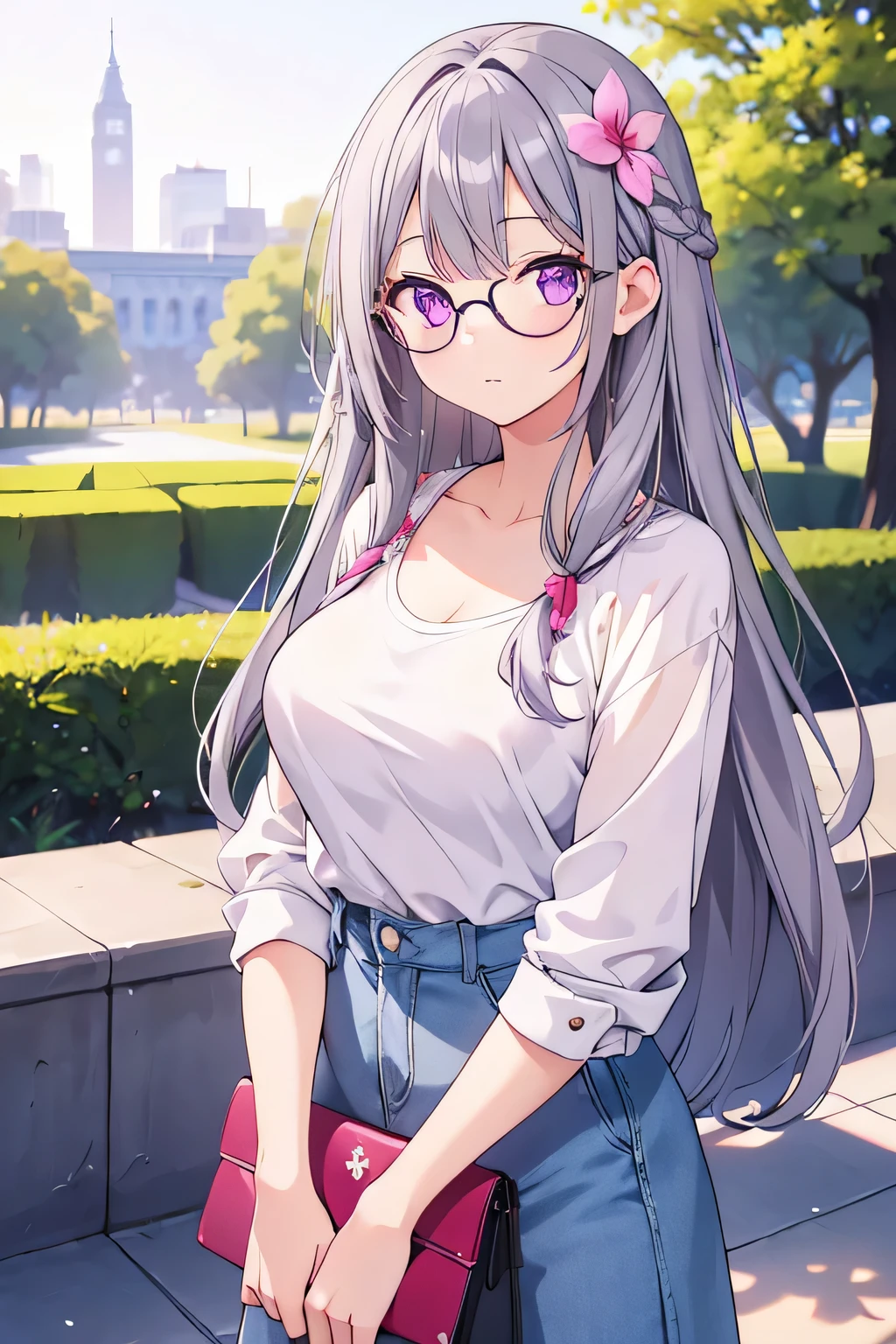 1girl, wearing casual clothes, long hair, bangs, wearing round glasses, purple eyes, gray hair, flower hair ornaments, 8k resolutions, HD resolutions, park area, medium breast, blur, look at view, eyes diamond