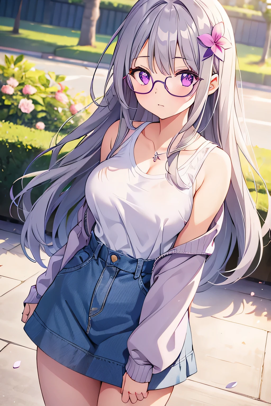 1girl, wearing casual clothes, long hair, bangs, wearing round glasses, purple eyes, gray hair, flower hair ornaments, 8k resolutions, HD resolutions, park area, medium breast, blur, look at view, eyes diamond