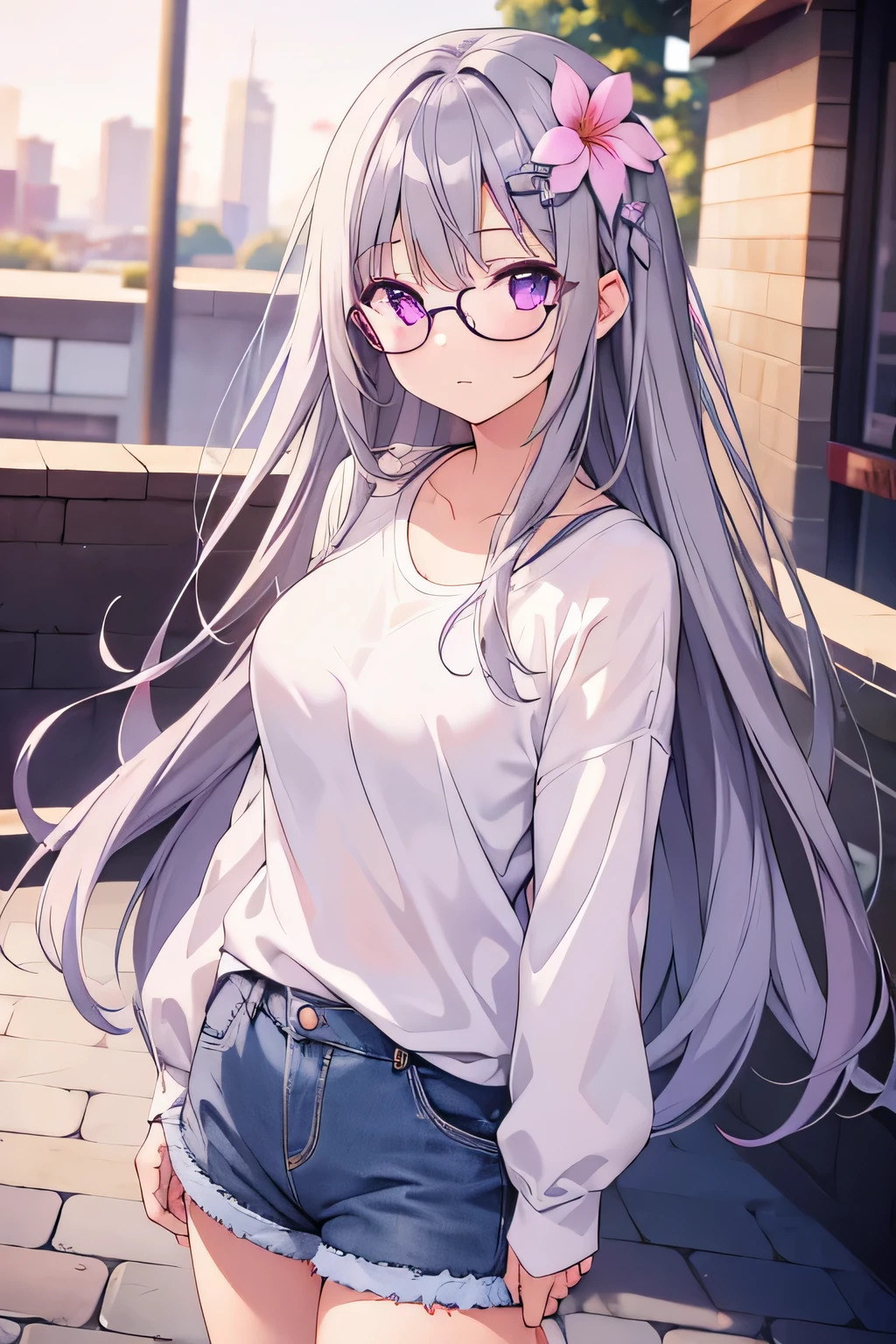 1girl, wearing casual clothes, long hair, bangs, wearing round glasses, purple eyes, gray hair, flower hair ornaments, 8k resolutions, HD resolutions, park area, medium breast, blur, look at view, eyes diamond