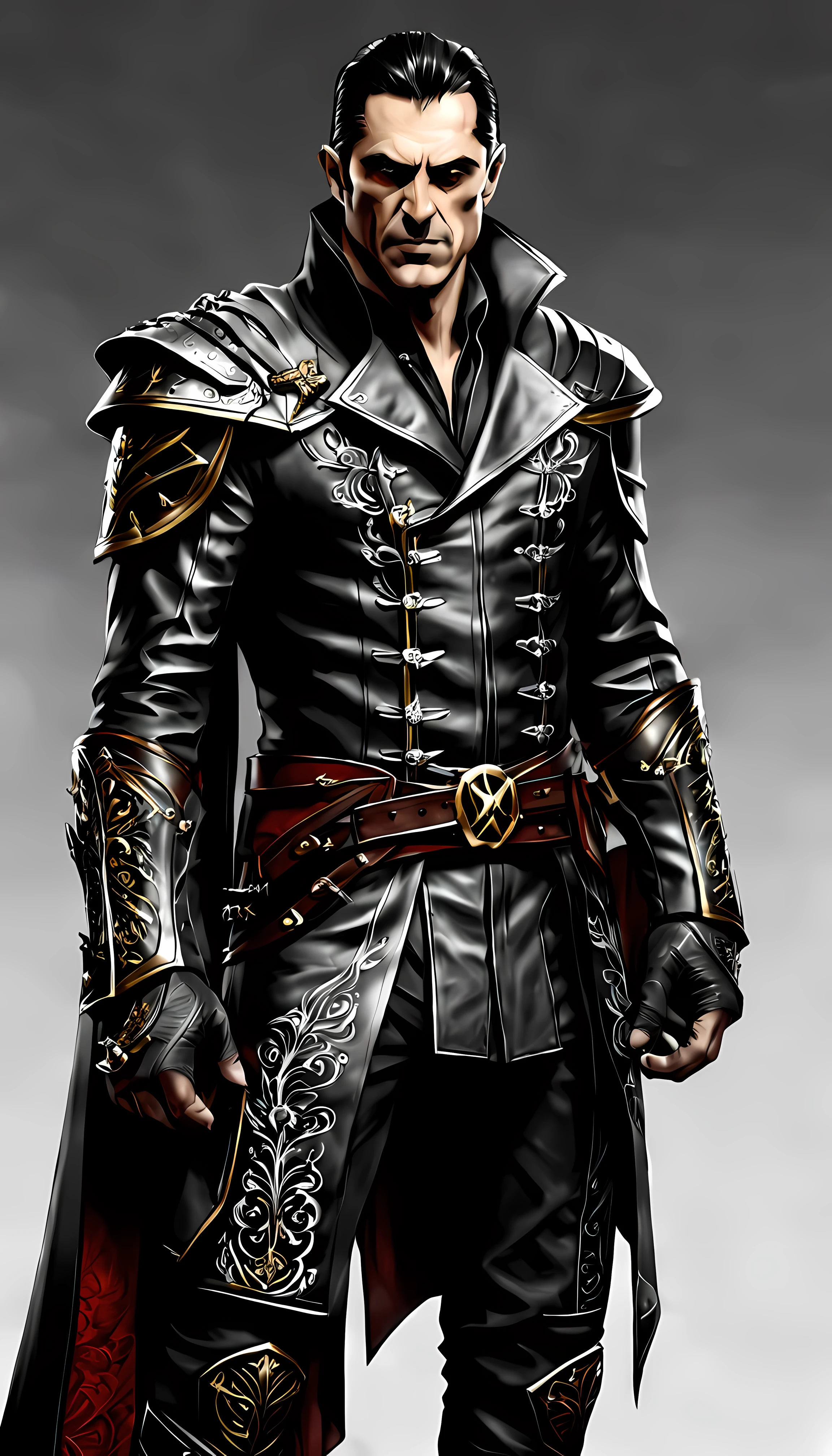 sketch_sheet, front view of menacing Viktor, a formidable vampire warrior with a commanding presence, standing confidently with his arms slightly outstretched, holding a sharp blade, sharp fangs, wearing a sleek and tailored leather coat with intricate silver embroidery along the edges, a form-fitting vest, fitted dark trousers tucked into knee-high leather boots, a belt, his forearms are adorned with leather gauntlets, golden ration, sharp focus, dynamic, cinematic, magical, masterpiece in maximum 16K resolution, superb quality. | ((More_Detail))