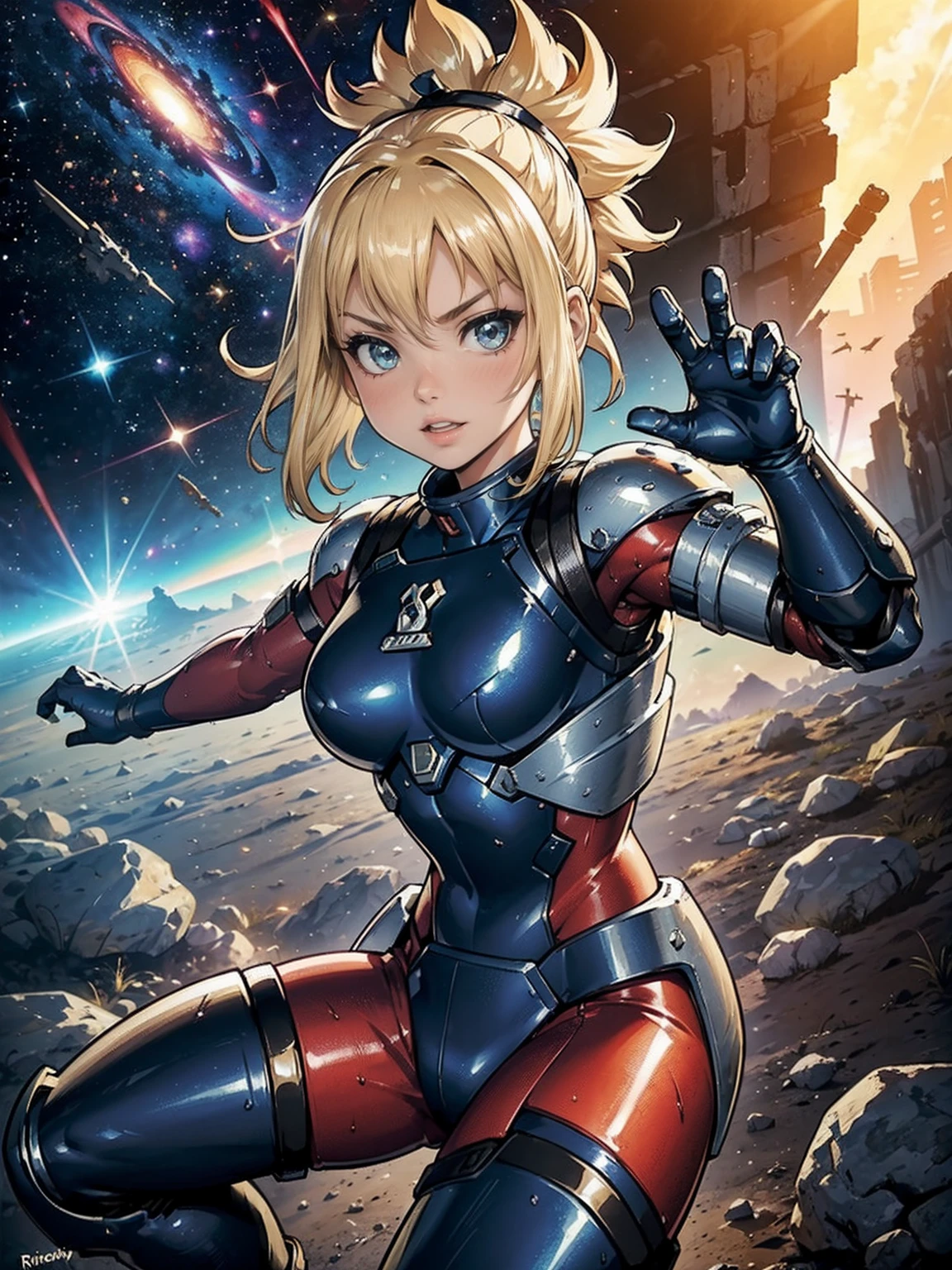 (((1woman, (solo, 1girl, alone), kohaku, blonde hair, blue eyes, tied hair), pink lipstick, Extremely detailed, ambient soft lighting, 4k, perfect eyes, a perfect face, perfect lighting, a 1girl)), austere, ((((galaxy, Space Detective, woman, (female exoskeleton), (red and black combat suit, fighting pose), wasteland, action scene, action pose, masterpiece, rich colors, Backlight, beautiful expression, fantasy art, character art, metallic red and silver combat suit)), wet body, ((fitness)), standing, Beautiful))