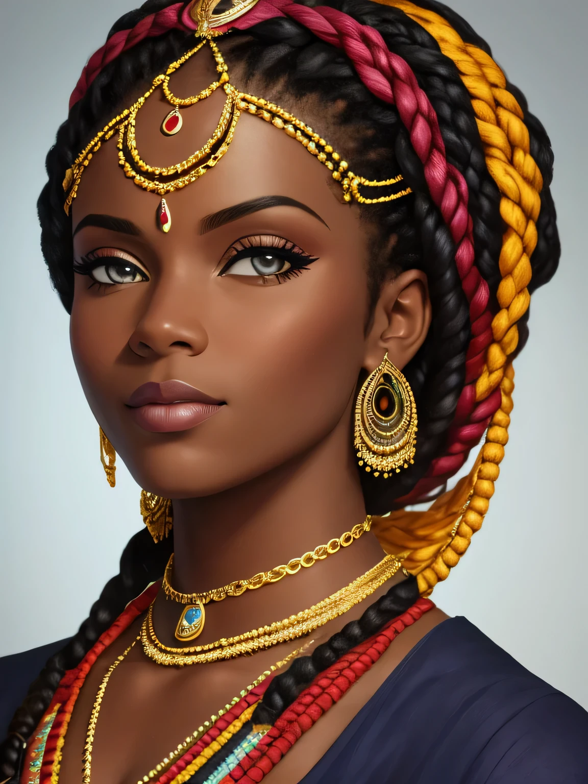 "beautiful black woman with amazing braids, [african dress], [painting], [mse], [ar:105], [ar:148], [v:5], (highres:1.2), ultra-detailed, (photorealistic:1.37), portraits, vivid colors, studio lighting"