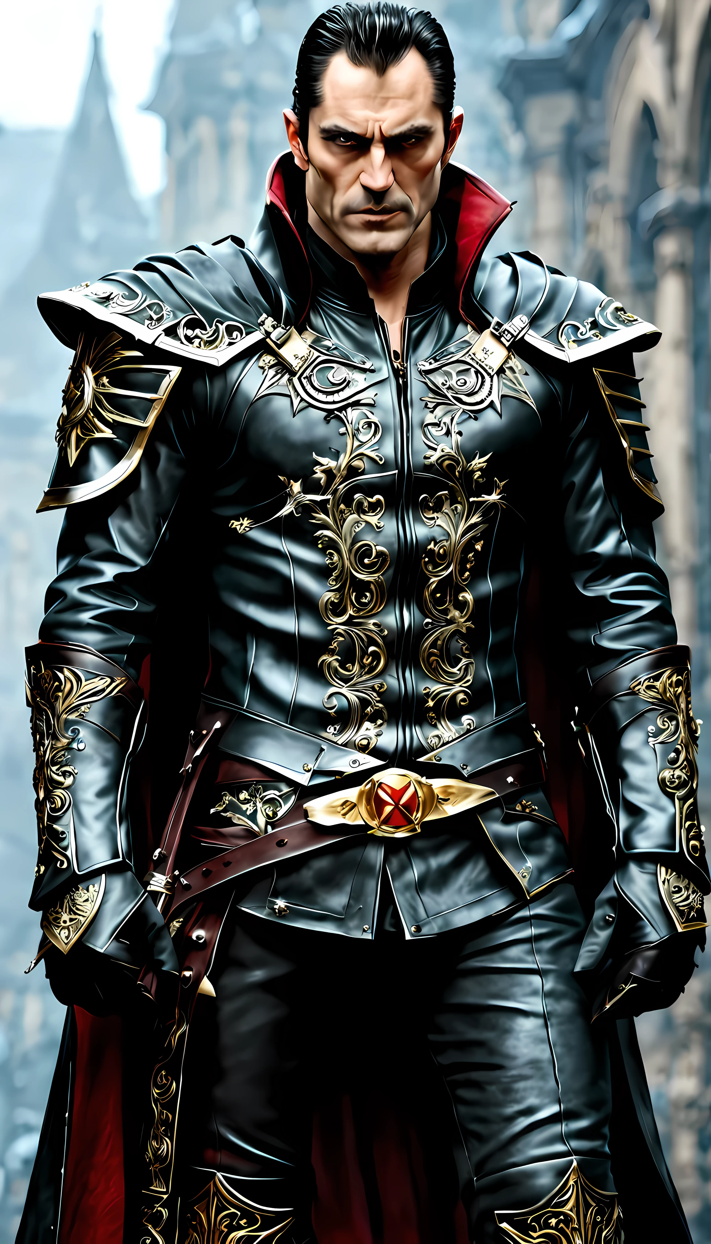 Front view of menacing Viktor, a formidable vampire warrior with a commanding presence, standing confidently with his arms slightly outstretched, holding a sharp blade, sharp fangs, wearing a sleek and tailored leather coat with intricate silver embroidery along the edges, a form-fitting vest, fitted dark trousers tucked into knee-high leather boots, a belt, his forearms are adorned with leather gauntlets, golden ration, sharp focus, dynamic, cinematic, magical, masterpiece in maximum 16K resolution, superb quality. | ((More_Detail))