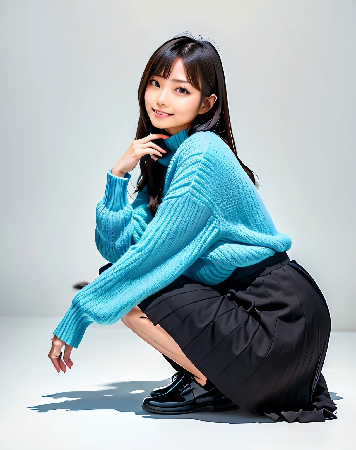 An arafe woman wearing a blue sweater and black skirt squatting, Lee Ji Eun, Lee Ji Eun, kimi takemura, Chiho, Choi Hong Hwa, Park from to, Bae Suzy, Shin Min-jung, Hwang Seha, Nam Jae Young, sakimichan, harumi, Portraits of Korean female idols