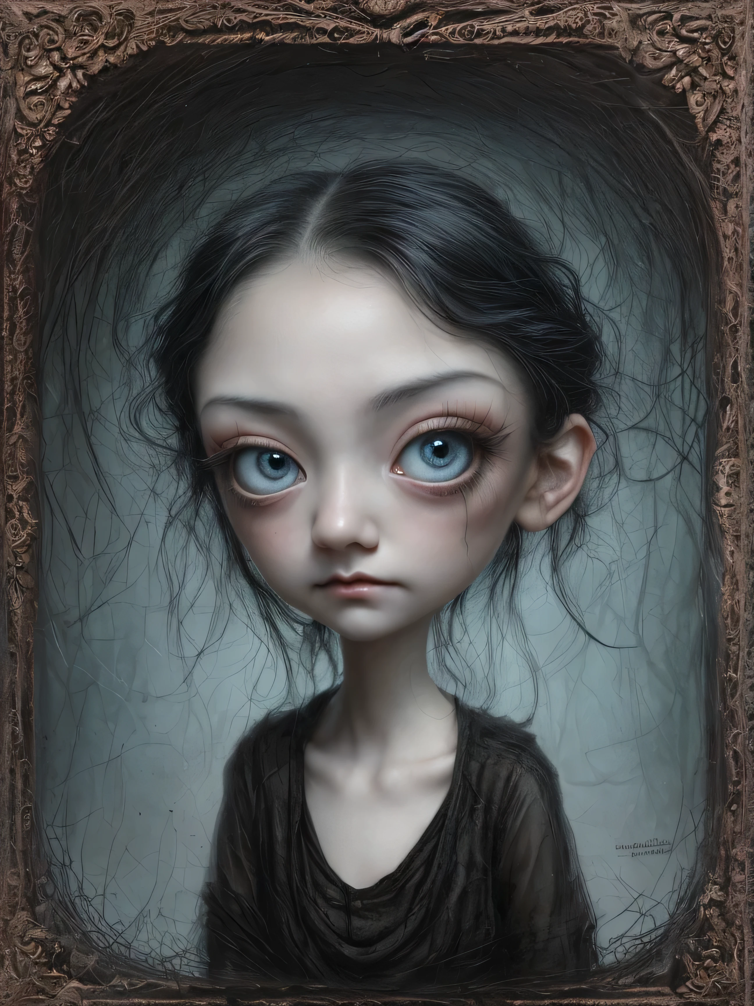 Un primer plano de una chica muy triste con el pelo largo (rubio) Y los grandes ojos azules mostrando enormes ((pechos)), Anton Semenov, Mark Ryden muy detallado, Designed by Mark Ryden, Mark Ryden en el estilo de, Designed by Mark Ryden, inspirado por Mark Ryden, Naoto Hattori, Adorable pintura digital, hermoso rostro. dark fantasy, Estilo Wlop Loish y Clamp, desnuda, pezones