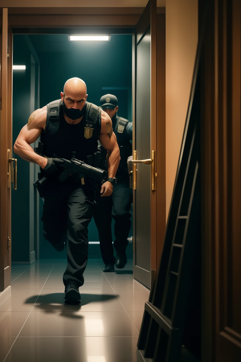 Photo of thieves running out of a bank with bags of money, ultra-realistic depiction, action-packed scene, intense and thrilling, high-stakes heist, detailed facial expressions, sweat dripping down their faces, adrenaline-filled moment frozen in time, cinematic lighting, dramatic shadows, expertly captured with a Canon EOS R5, 50mm Lens, F/2.8, nffsw, (8K) resolution, impeccable attention to detail, every dollar bill and expression meticulously rendered, masterpiece of photorealistic art, lifelike textures and colors, capturing the raw emotions of the criminals, dynamic composition, vivid and immersive, perfect for wallpaper or cinematic use.