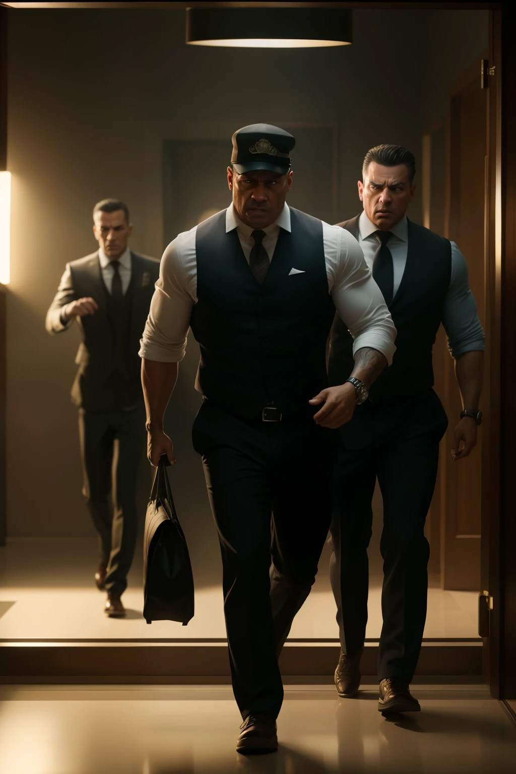 Photo of thieves running out of a bank with bags of money, ultra-realistic depiction, action-packed scene, intense and thrilling, high-stakes heist, detailed facial expressions, sweat dripping down their faces, adrenaline-filled moment frozen in time, cinematic lighting, dramatic shadows, expertly captured with a Canon EOS R5, 50mm Lens, F/2.8, nffsw, (8K) resolution, impeccable attention to detail, every dollar bill and expression meticulously rendered, masterpiece of photorealistic art, lifelike textures and colors, capturing the raw emotions of the criminals, dynamic composition, vivid and immersive, perfect for wallpaper or cinematic use.
