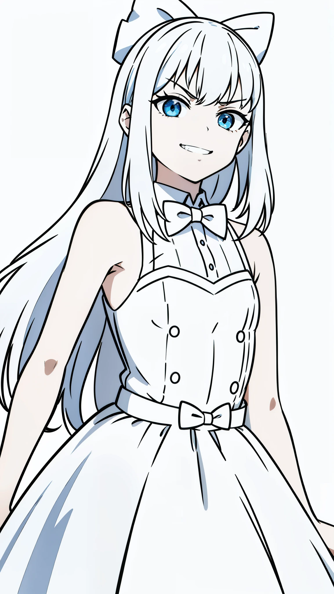 (1girl,8 years,small),solo,long hair,white hair,white dress,sleeveless,bow tie,smile,(white background,line drawing),(angry),portrait,teeth
