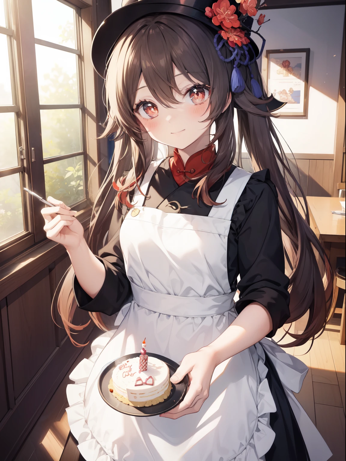 Hu Tao 、Good looking girl (blush, perfect face), independent , looking at camera, masterpiece, anime art style, cute characters, most detailed, high quality、Nico Nico Smile、birthday cake、happy birthday、wear an apron at home