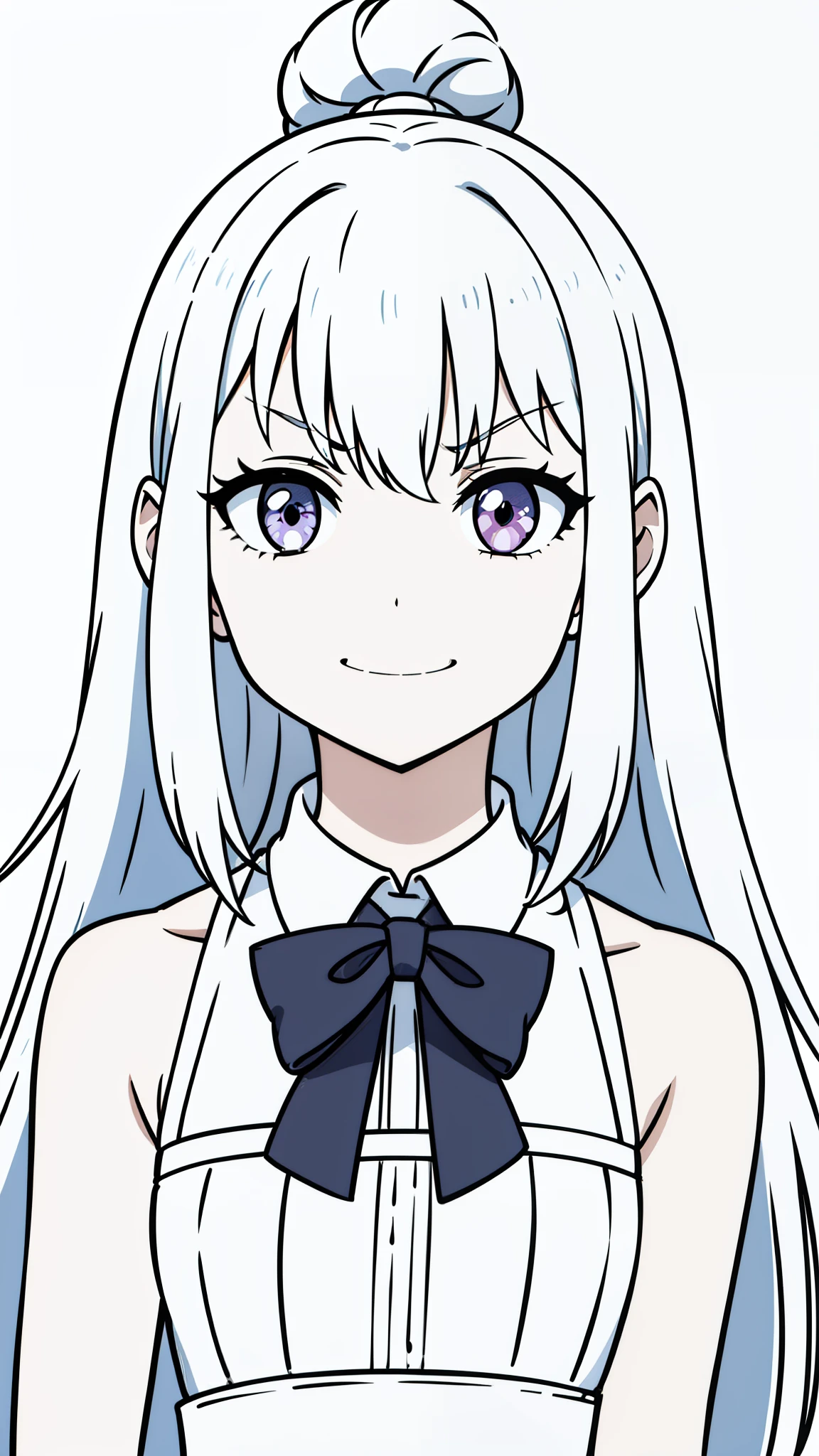 (1girl,8 years,small),solo,long hair,white hair,white dress,sleeveless,bow tie,smile,(white background,line drawing),(angry),portrait,teeth