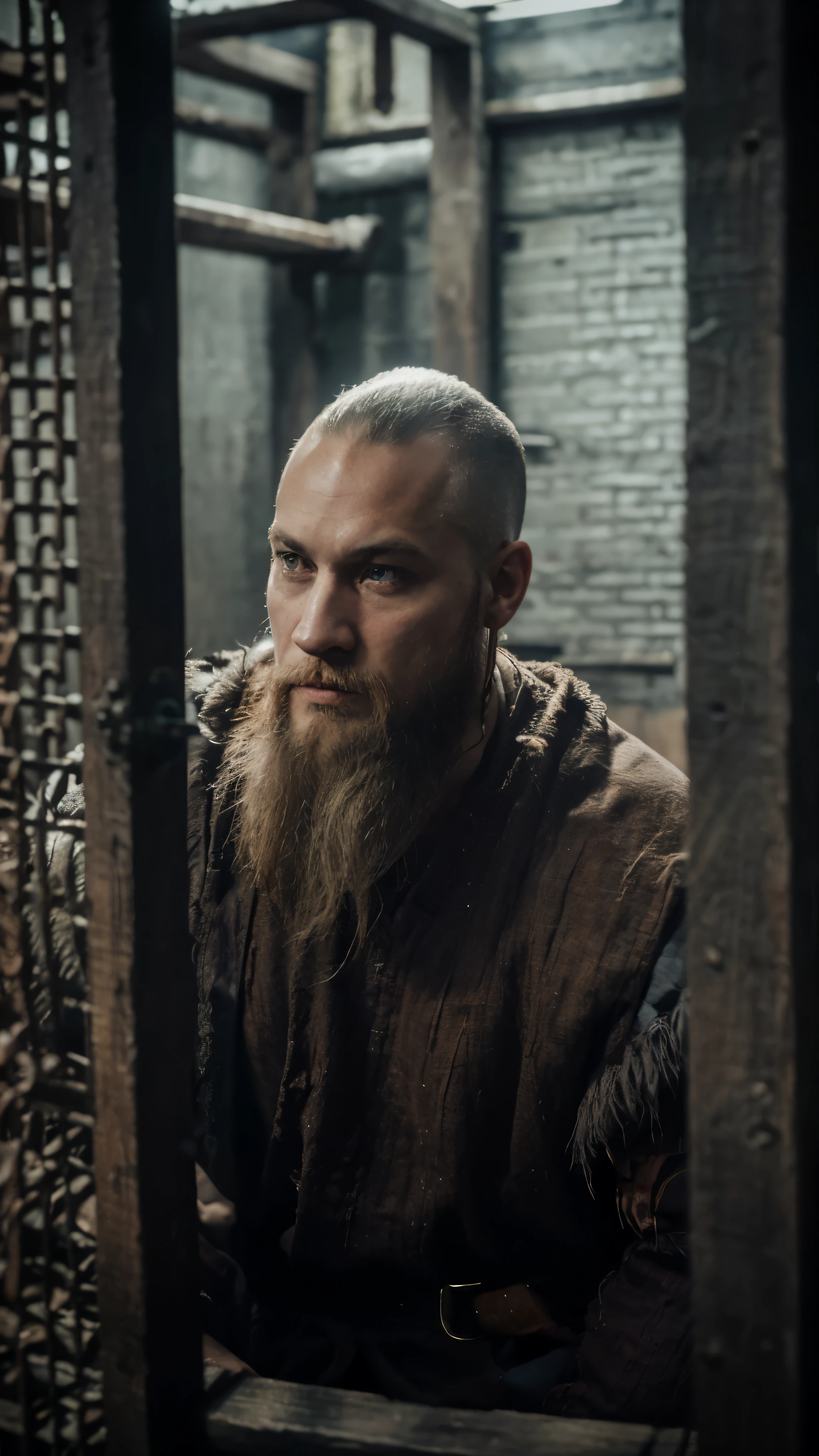 Ragnar Lothbrook,com barba sentado em uma cela, Vikings, chade absoluto, cansado da batalha, character is standing, rede, emocional e expressivo, Monges, melhor lense, maquiagem estilizada no rosto, inspirado em Dan Luvisi, carne com veias, Perder penas, bar, pierceable face, caixas e barris de madeira.