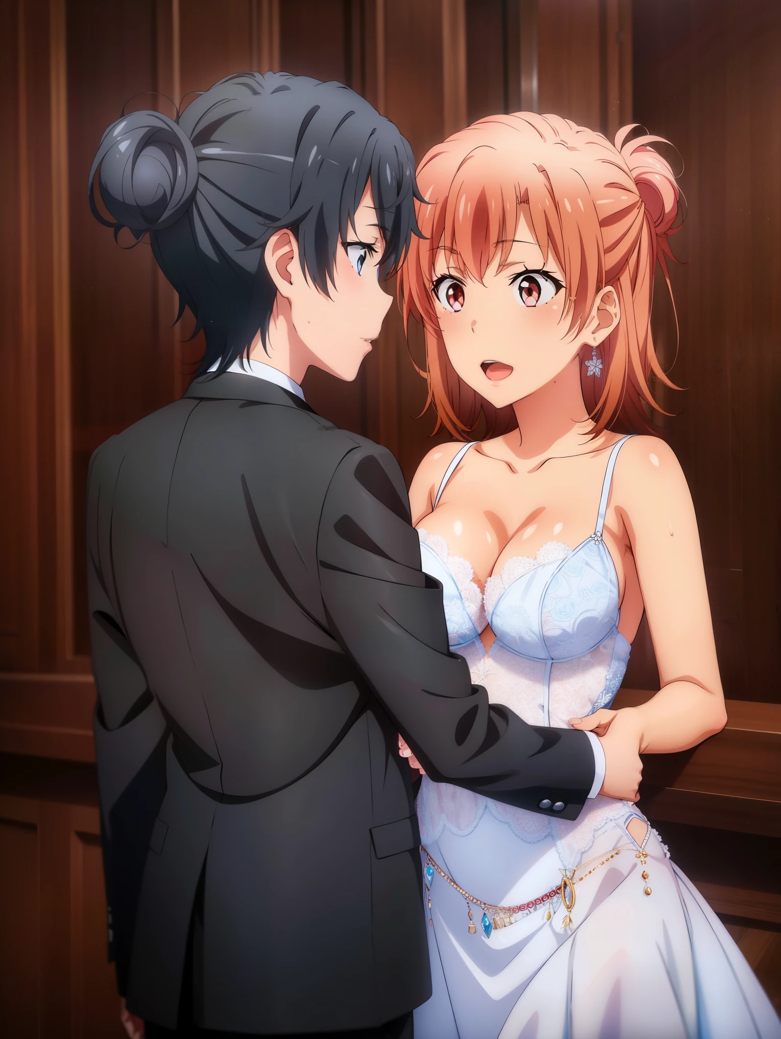 2girls, sample background, Yukinoshita yukino in a tuxedo and coat Married, her wife yuigahama yui in wedding Dress, yuri